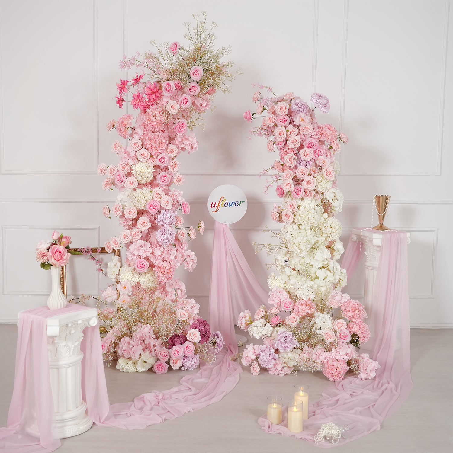 Uflower Pink White Floral Horn Arch Wedding Party Backdrop Decor SET80238