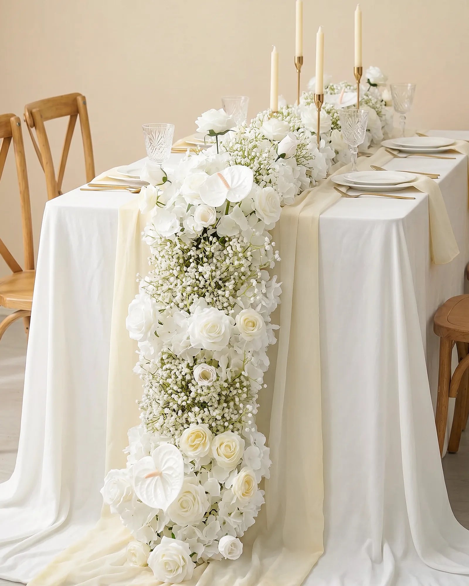 Uflower White Rose Baby's Breath Flower Row with Drapes MC89009-01