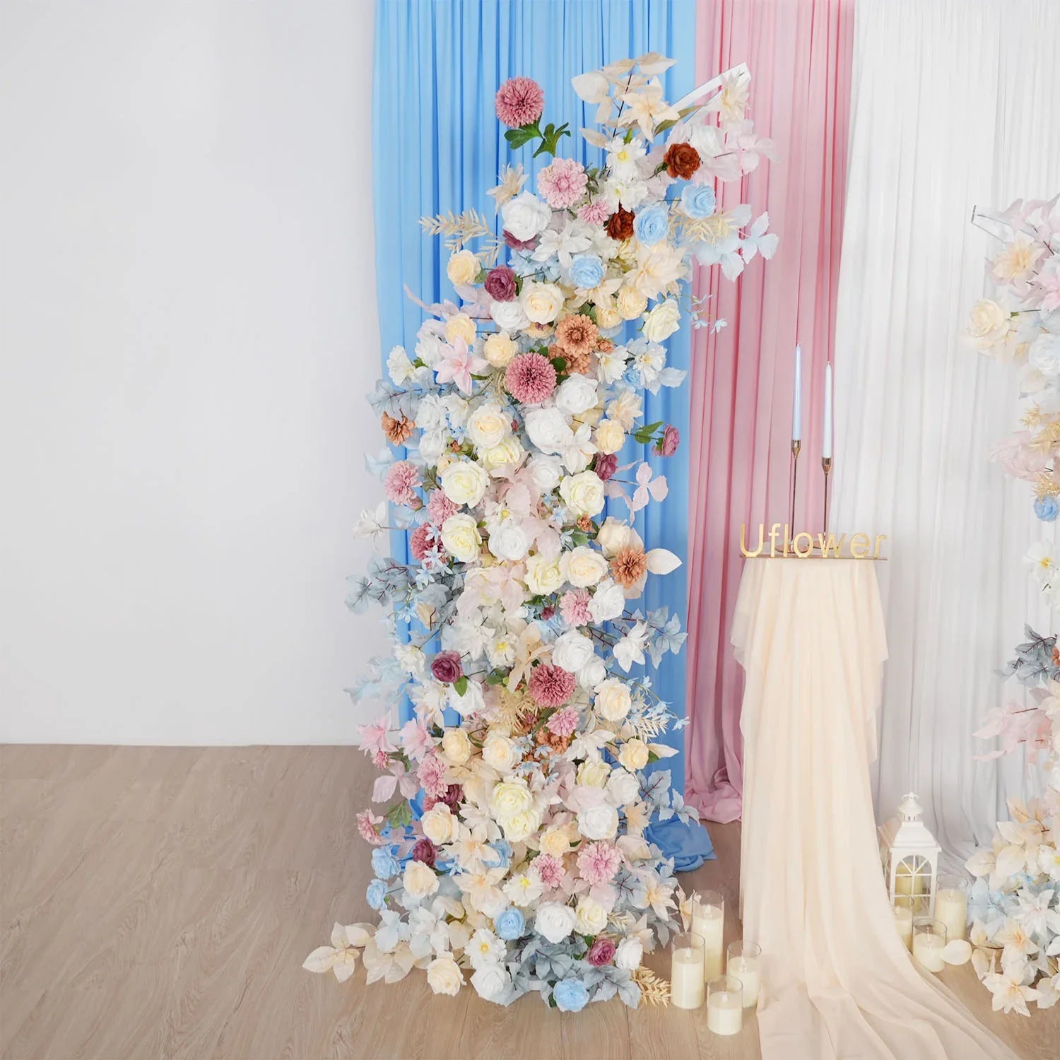 Uflower Pink Blue Champagne Horn Arch Decor Wedding Backdrop Floral Ball Arrangement SET80119 - Uflower