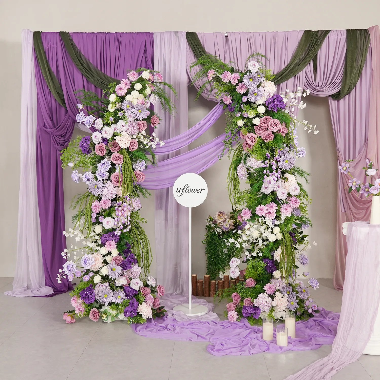 Uflower Purple Floral Greenery Arrangement Horn Arch Wedding Backdrop Props SET80227