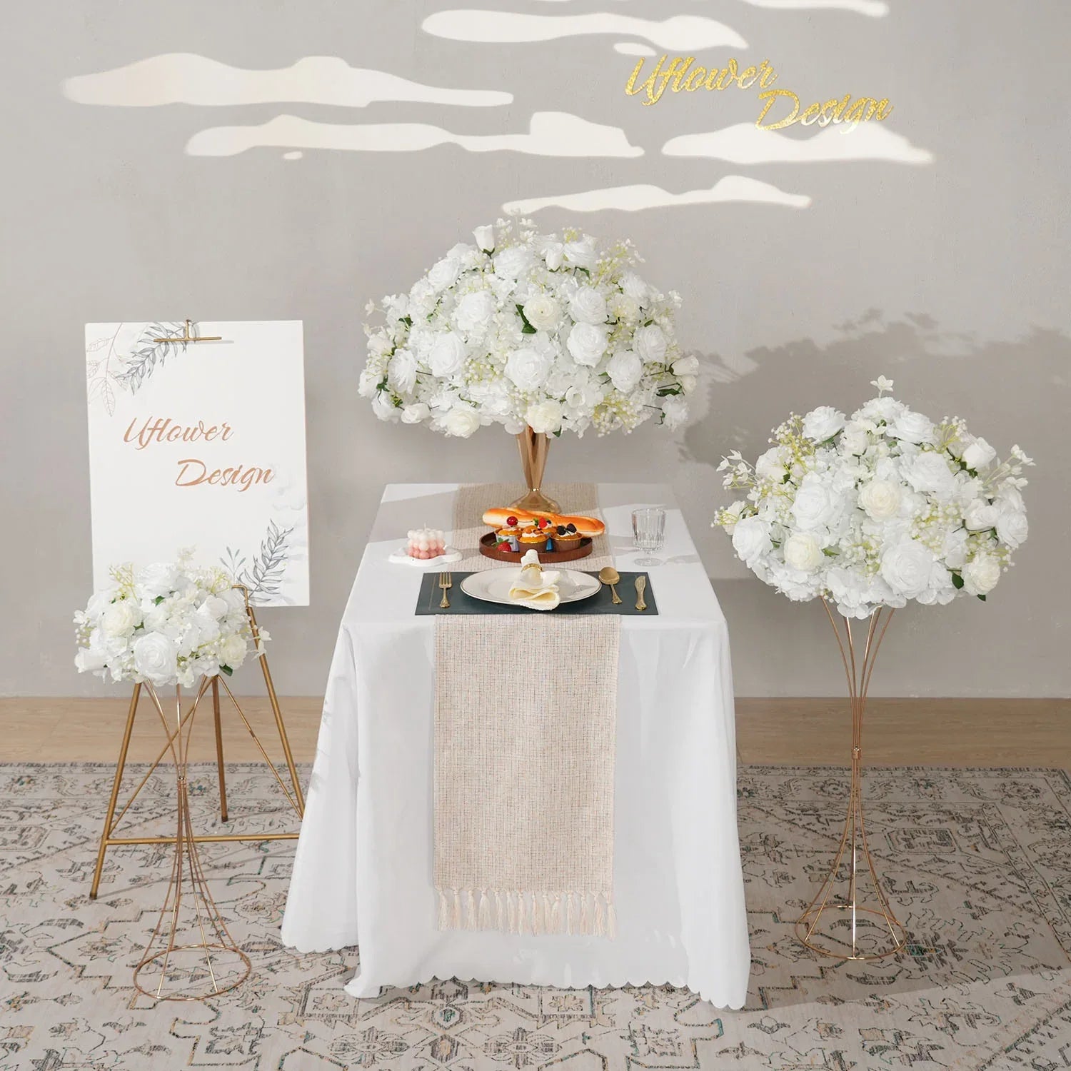 Uflower White Rose Baby's Breath Flower Ball For Table Centerpieces MB80080 - Uflower