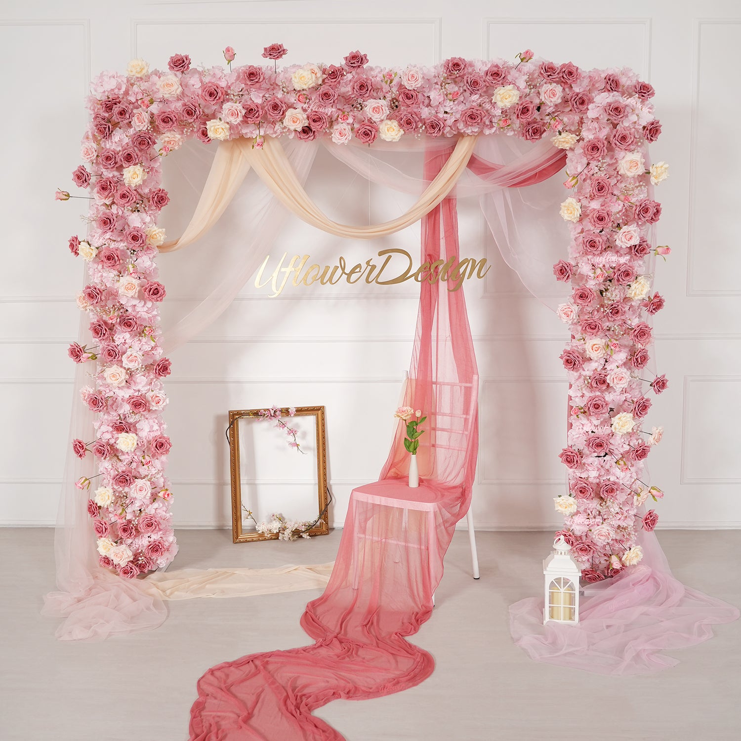 Uflower Pink Rose Floral Square Arch Wedding Party Backdrop Decoration SET80236