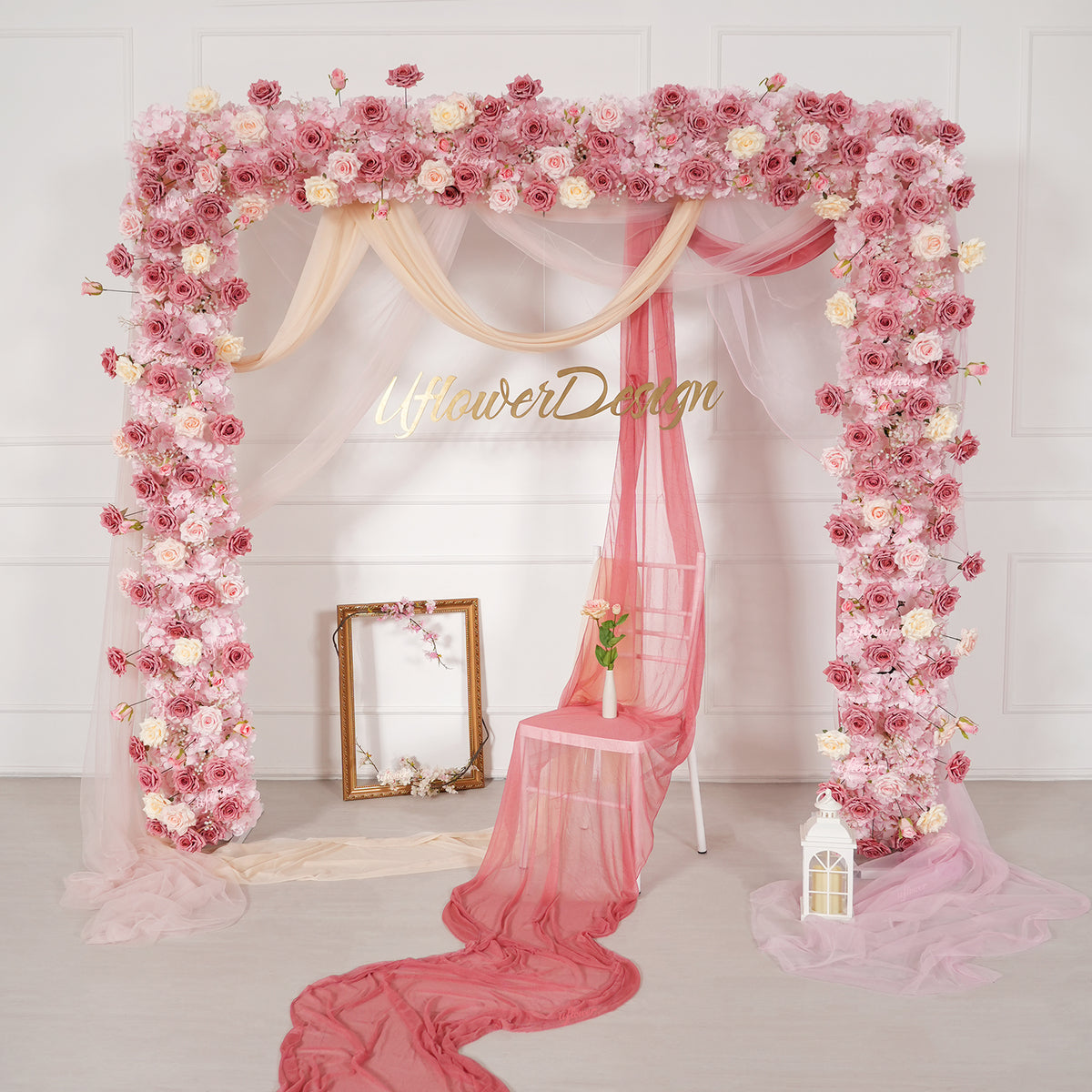 Uflower Pink Rose Floral Square Arch Wedding Party Backdrop Decoration SET80236