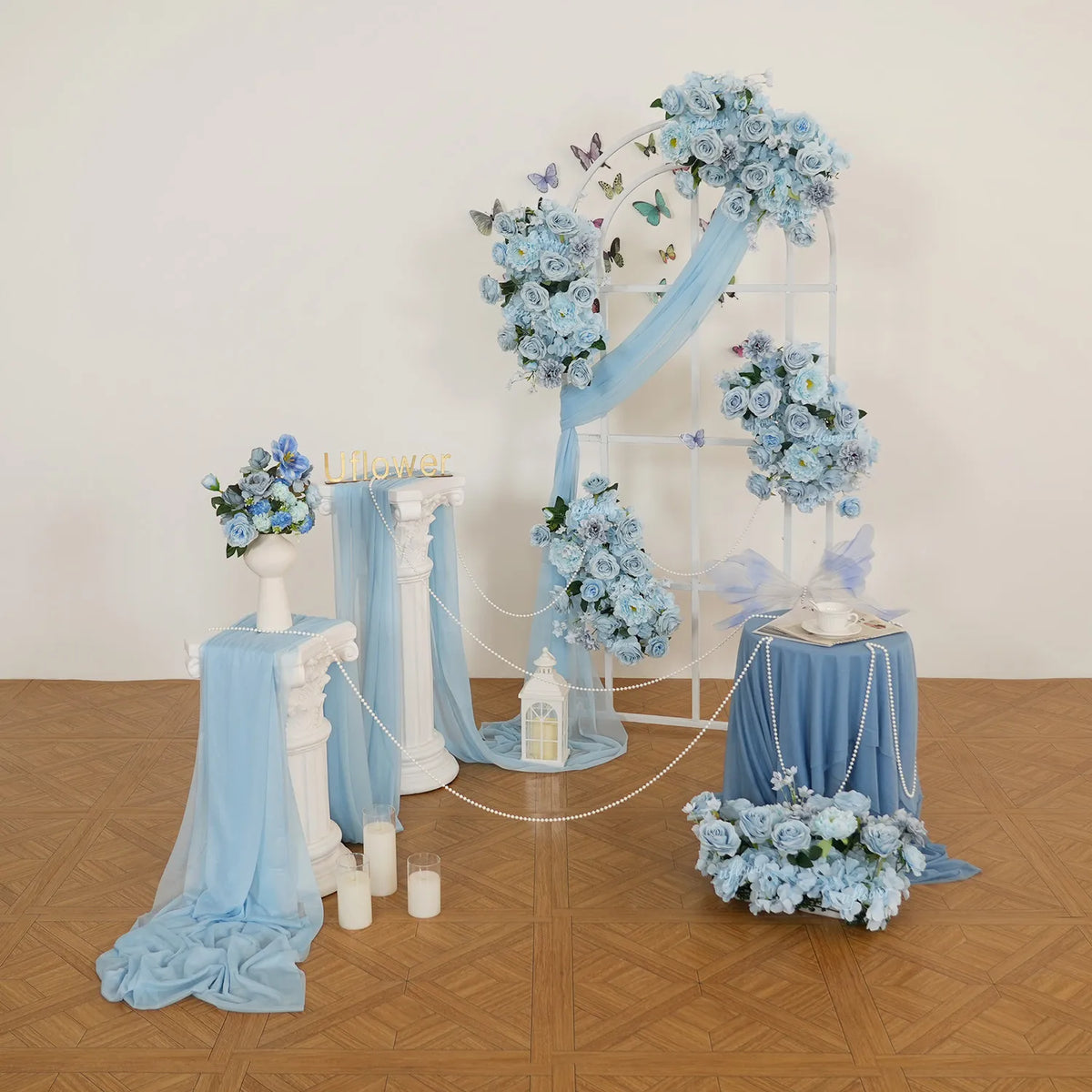 Uflower Blue Flower Wedding Backdrop Arch Floral Arrangement SET80214
