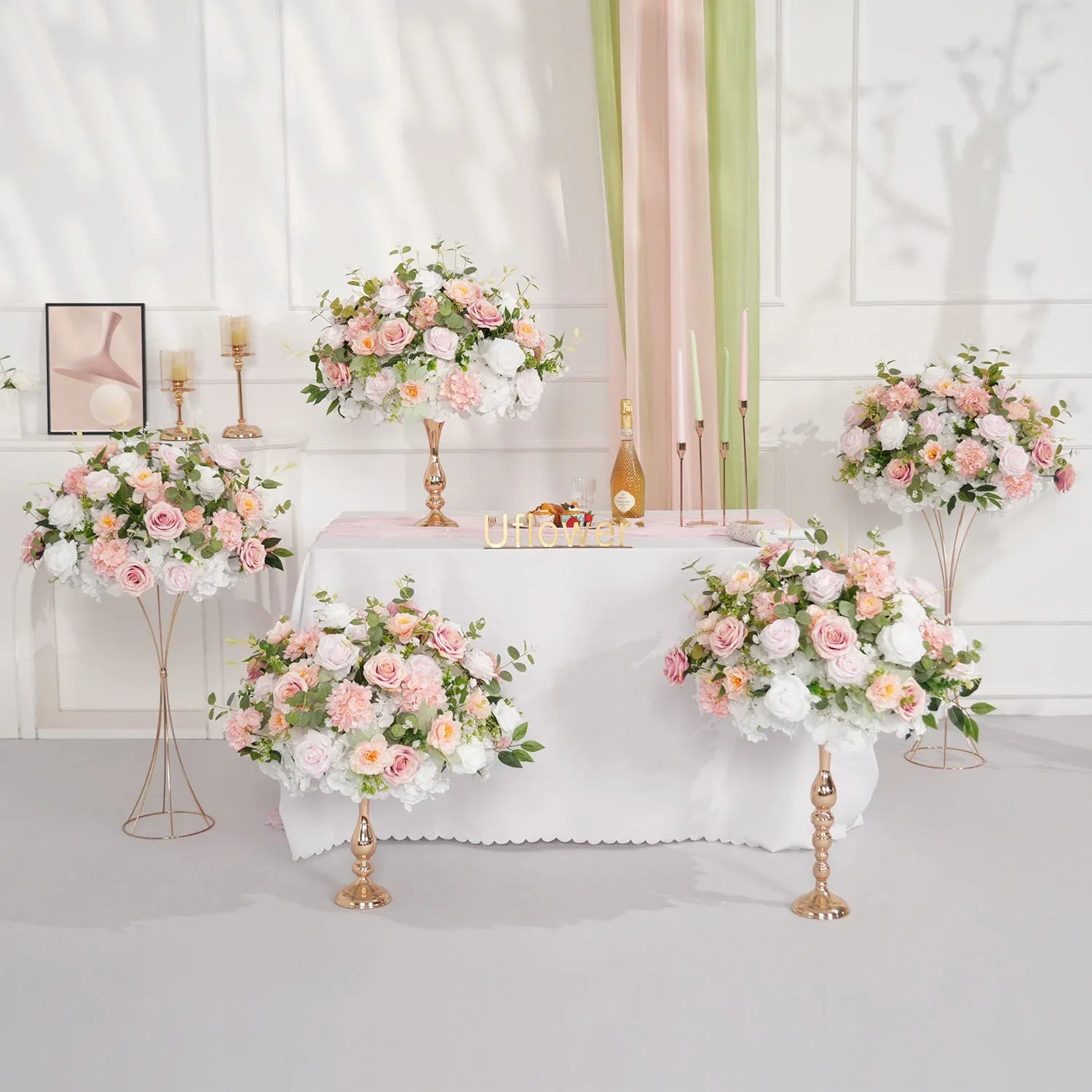 Uflower Pink White Rose Green Leaf Table Centerpieces Floral Ball Wedding Decoration MB80070 - Uflower