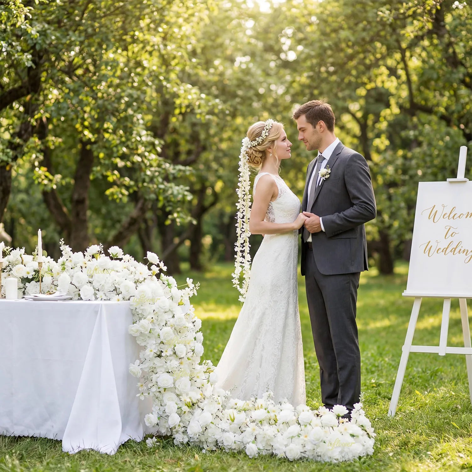 Uflower White Rose Sofa Table Runner Floor Flower Arrangement SET80099