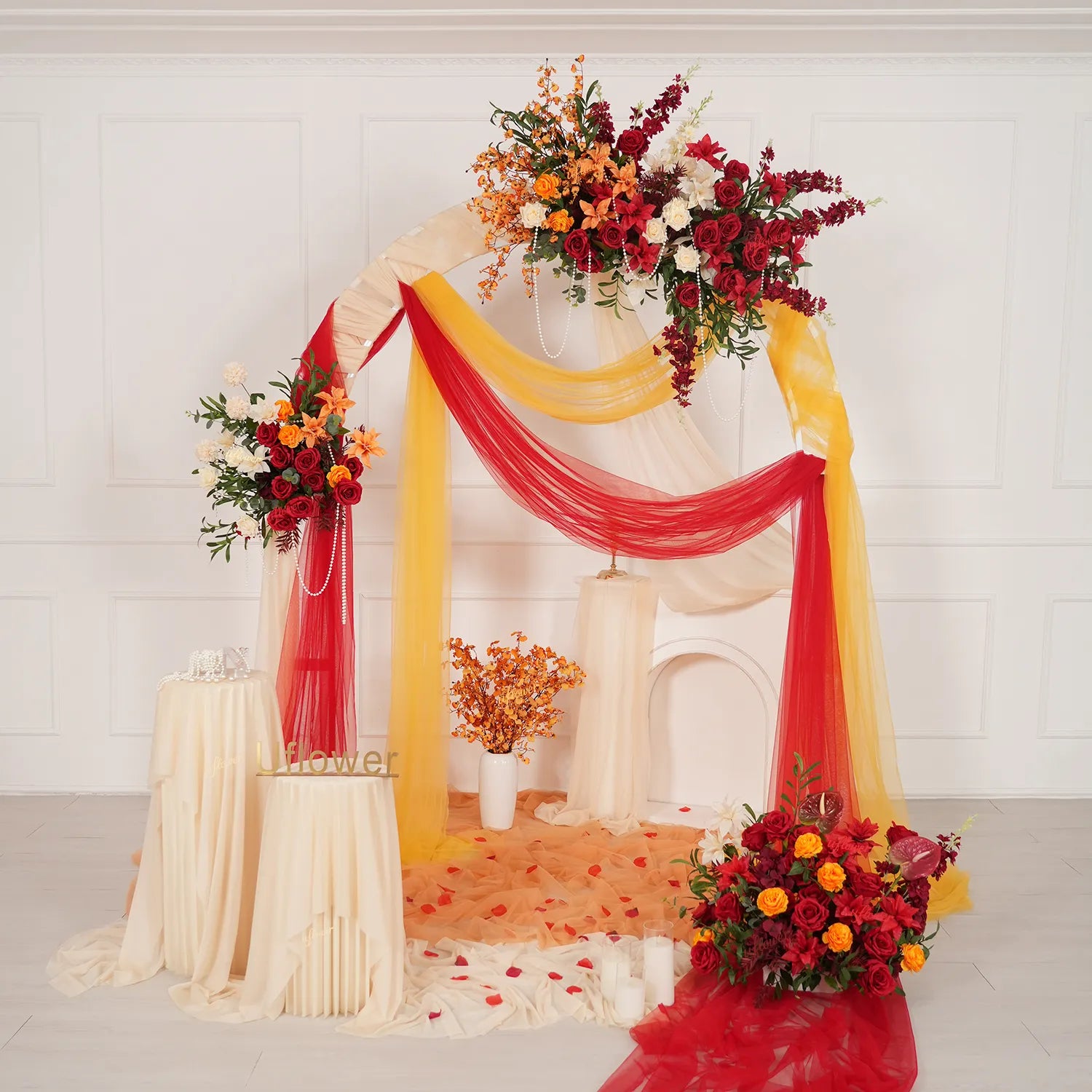 Uflower Red Orange  Flower Wedding Backdrop Arch Floral Arrangement SET80224