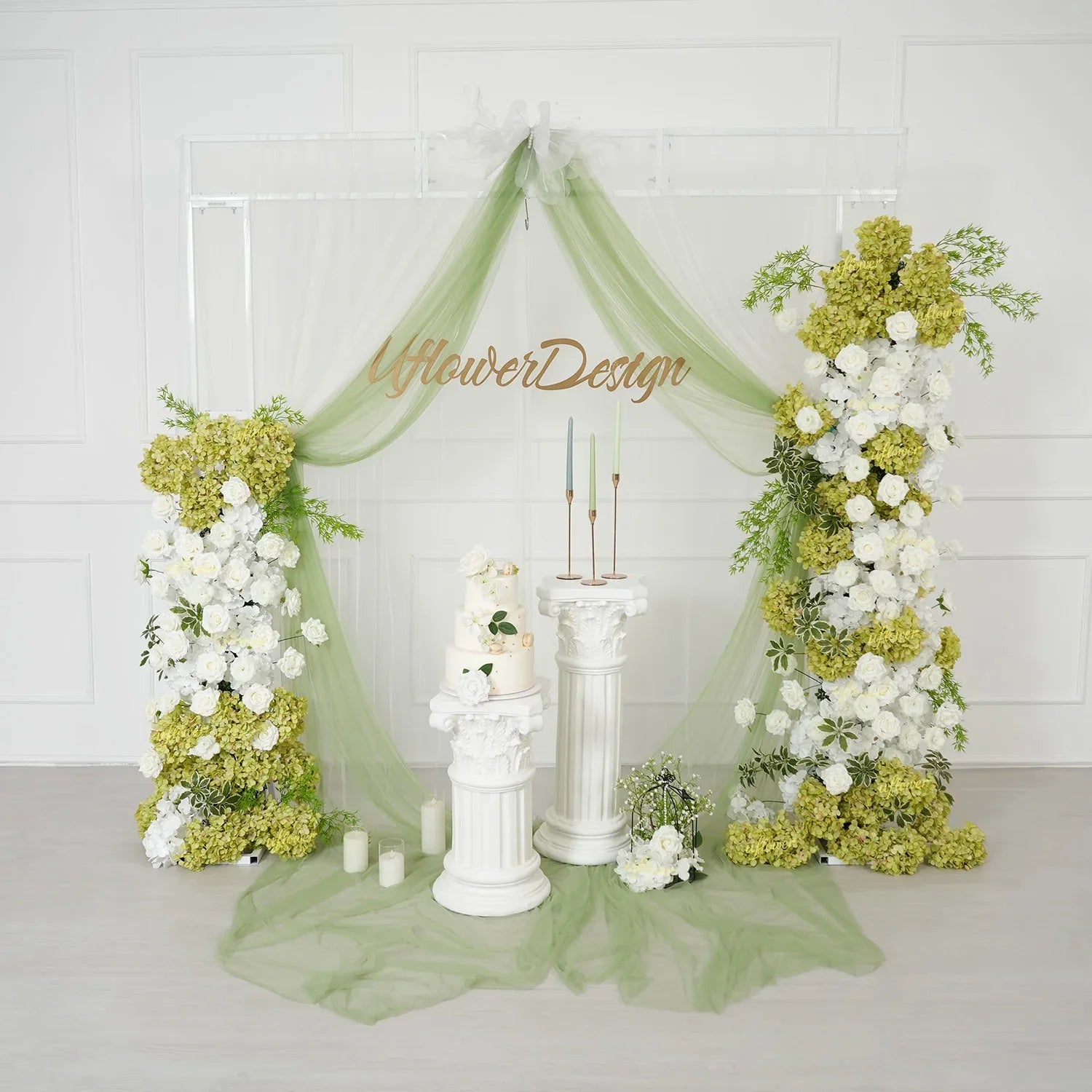 Uflower Artificial Green White Hydrangea Rose Flower Row Wedding KT Backdrop Decor SET80205 - Uflower