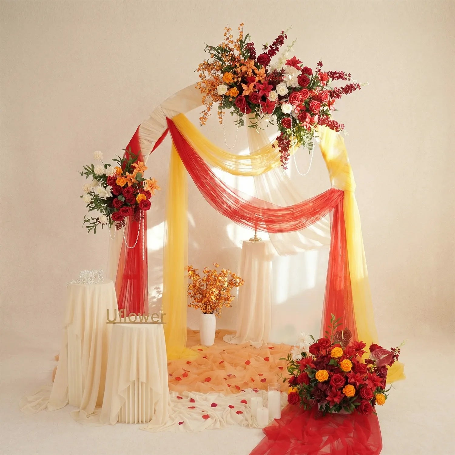 Uflower Red Orange  Flower Wedding Backdrop Arch Floral Arrangement SET80224