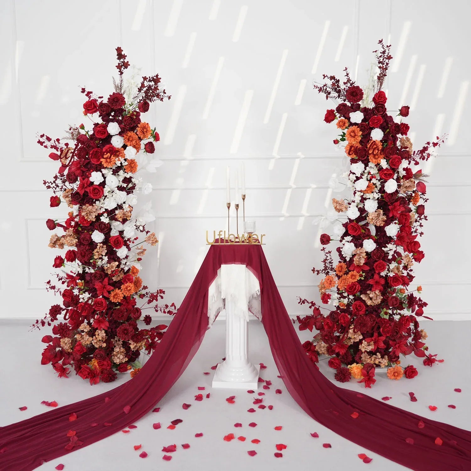 Uflower Autumn Red Rose Floral Horn Arch Wedding Party Backdrop Decor SET80134 - Uflower