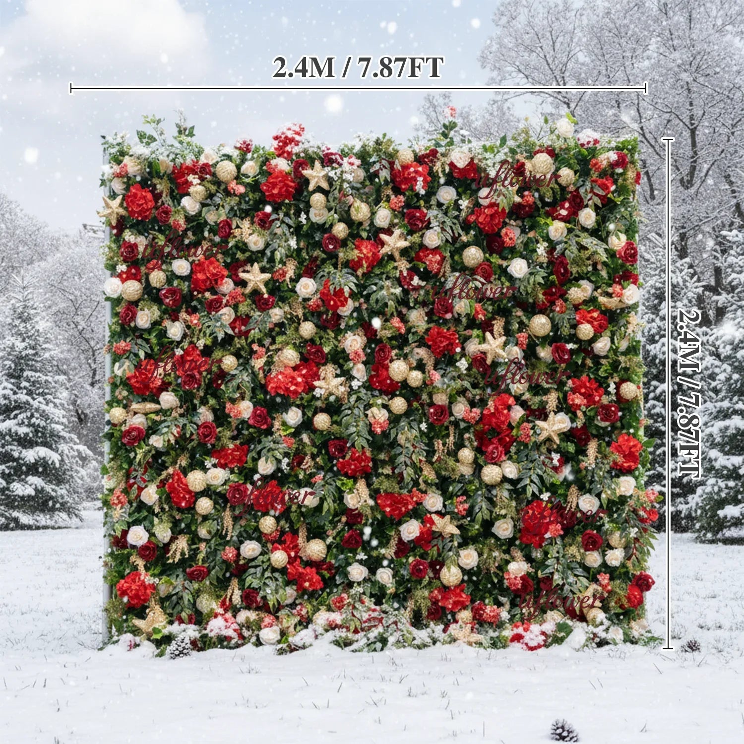Uflower Christmas Red Gold Flower Wall Luxurious Star & Ball Decorated Floral Backdrop Holiday Party Decor - Uflower
