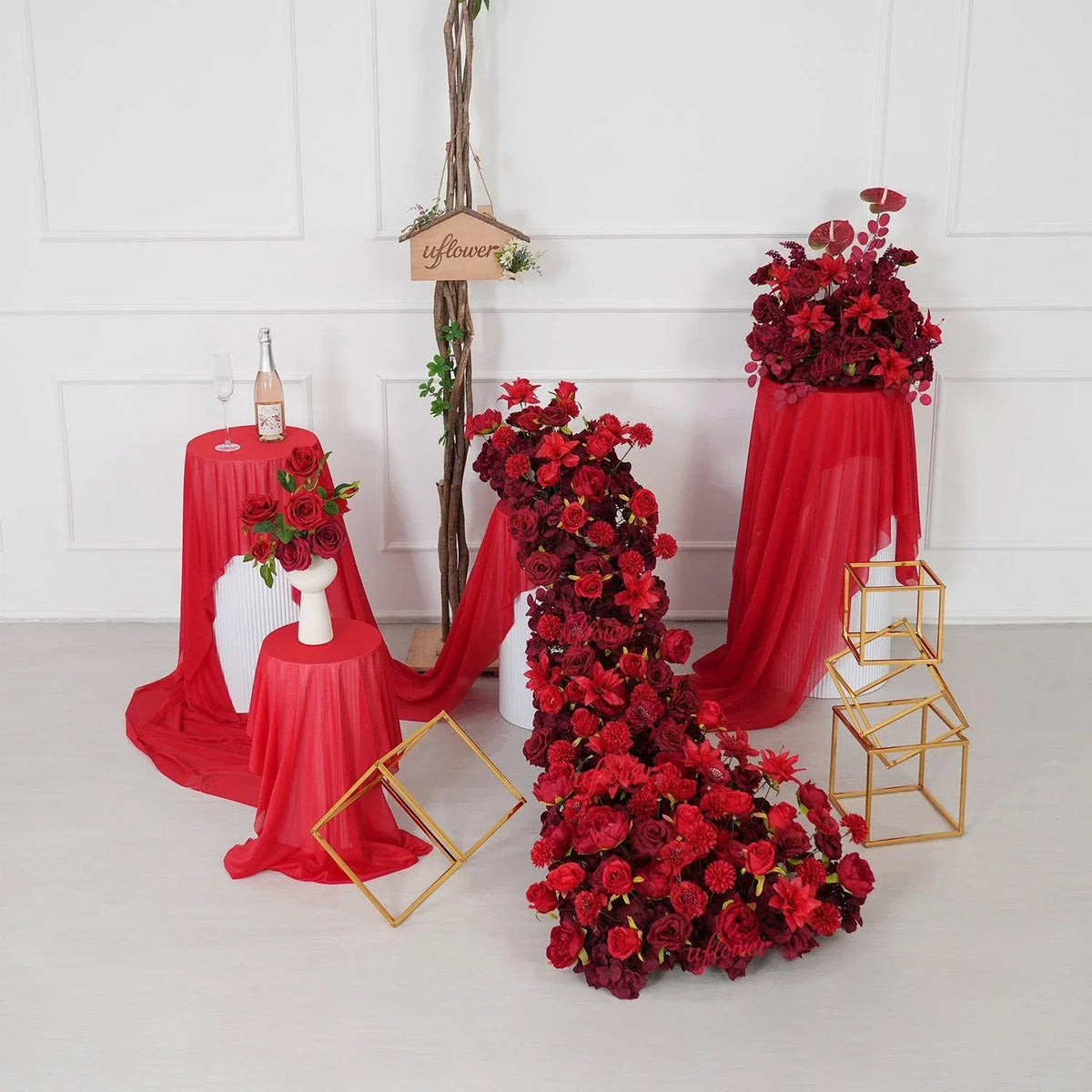 Uflower Dark Red Rose Flower Row Decor KT Board Wedding Arrangement Props SET80210 - Uflower