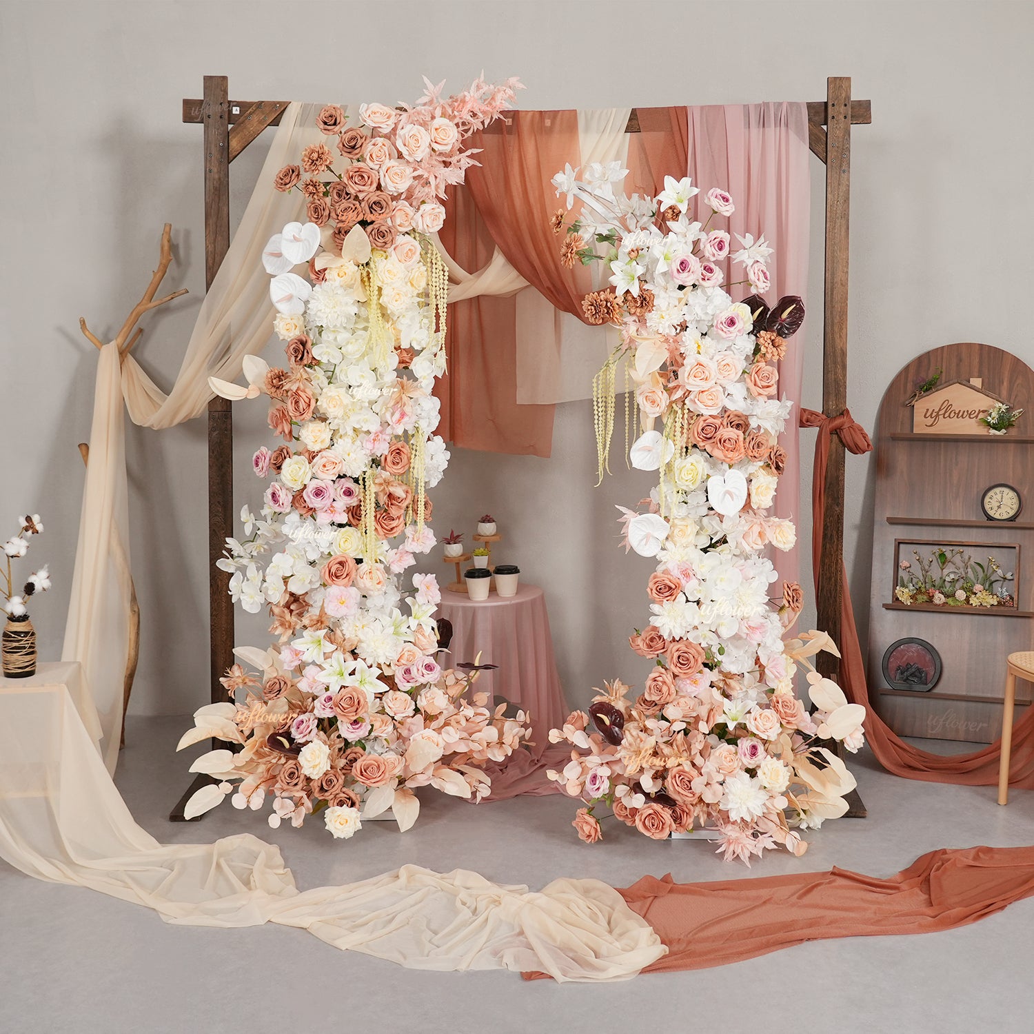 Uflower Terracotta Blush Floral Horn Arch Wedding Backdrop Props SET80222-01