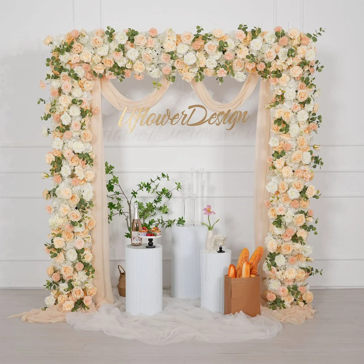 Uflower Champagne Rose Floral Square Arch Wedding Party Backdrop Decoration SET80173 - Uflower