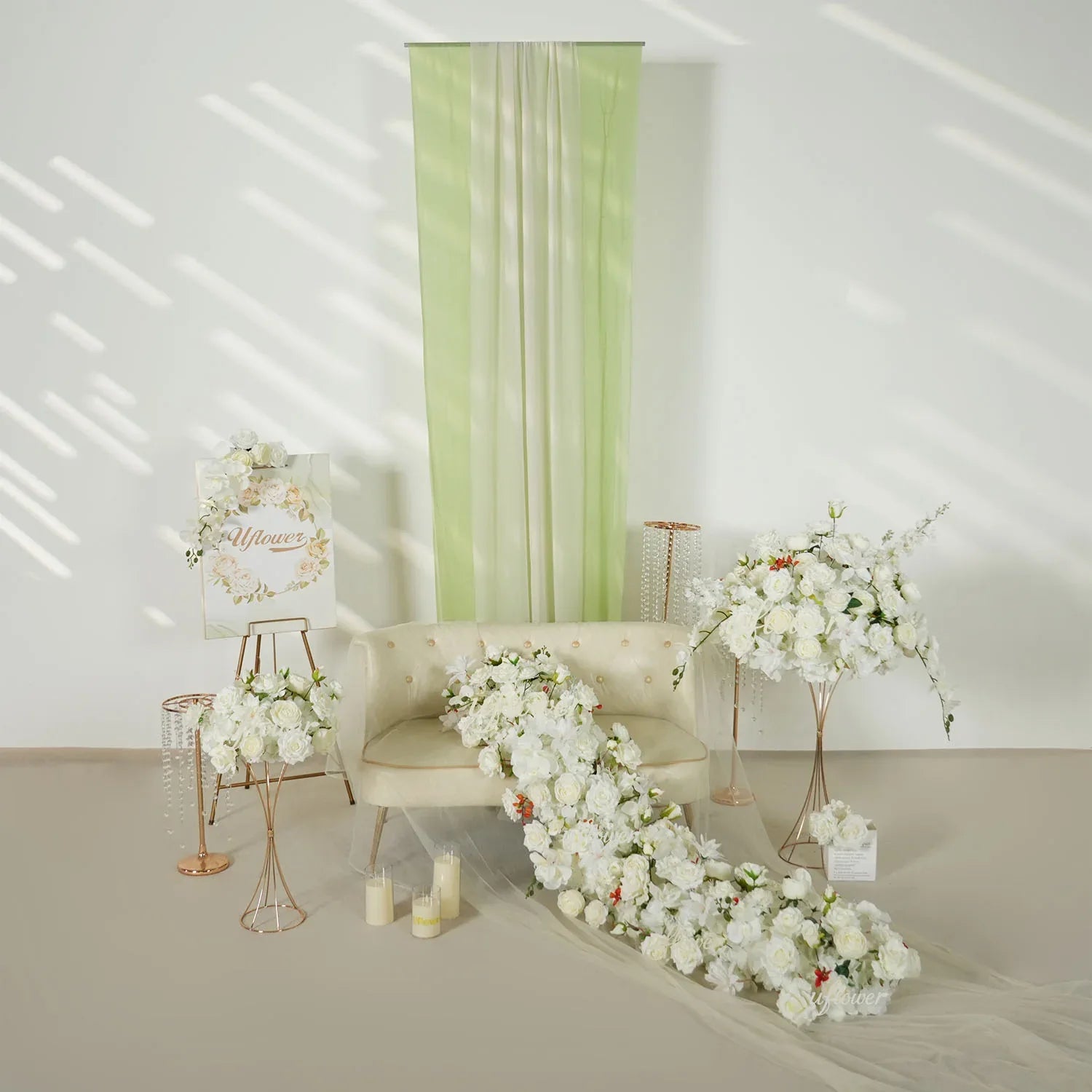 Uflower White Rose Table Runner Sofa Floral Wedding Backdrop Decor SET80146 - Uflower