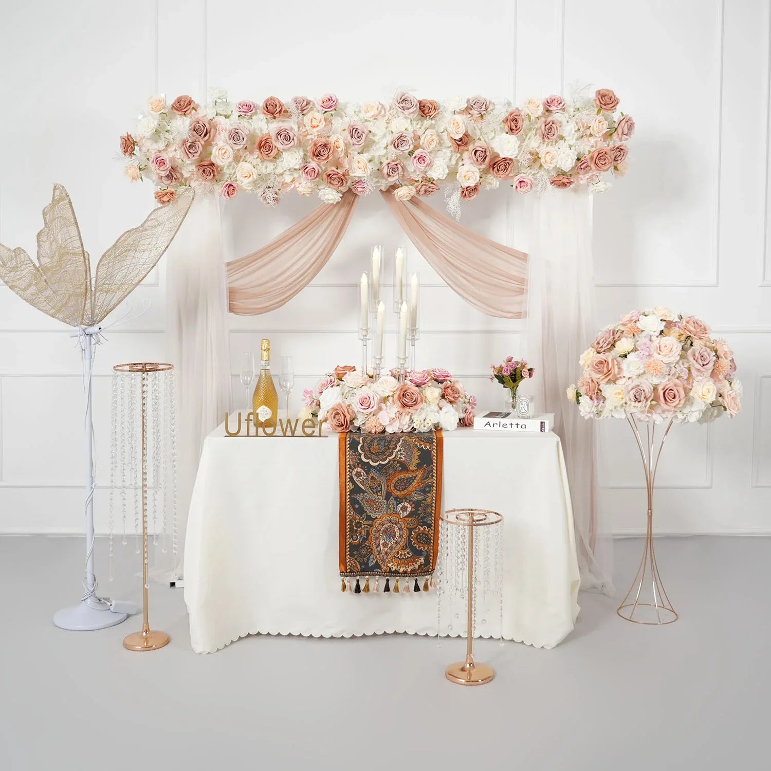 Uflower Champagne Pink Rose Arrangement Wedding Backdrop Floral Props