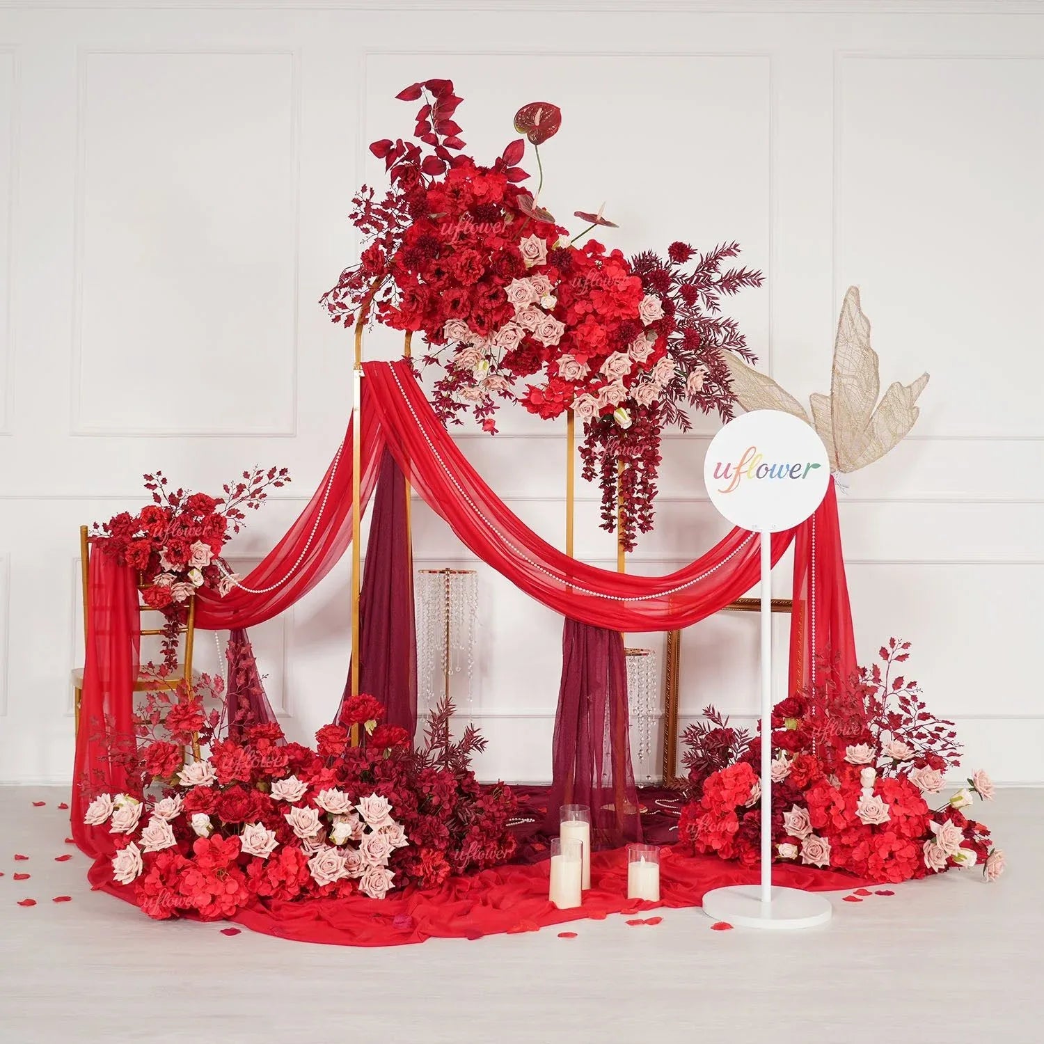 Uflower Red Floral Arrangement Wedding Backdrop Floral Props SET80164-01 - Uflower