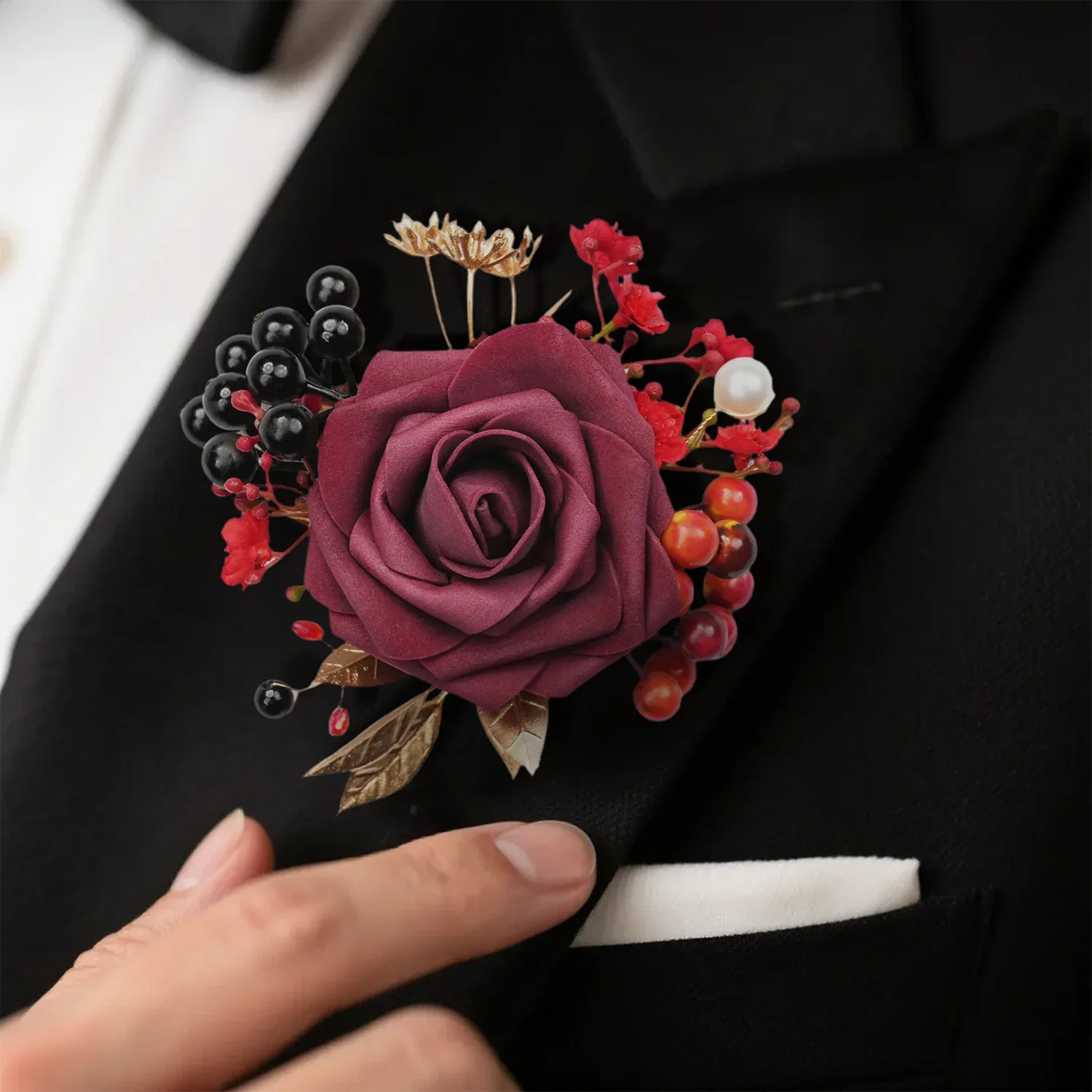 Uflower Black Burgundy Bride Bouquet Wrist Corsage Groom Boutonniere Set Wedding Event Supplies SET80080-11 - Uflower