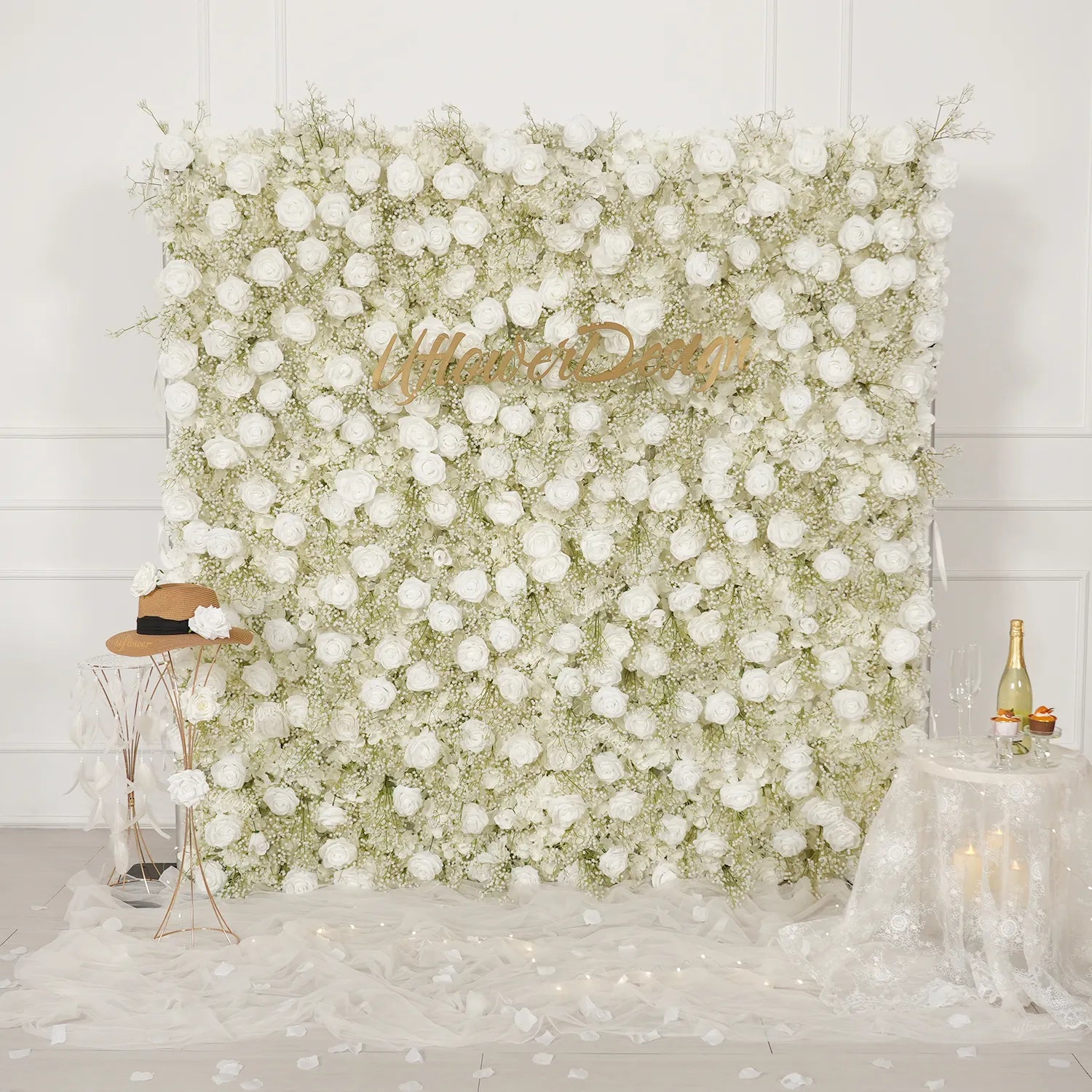 Uflower White Rose Baby's Breath Flower Wall Wedding Party Proposal Decor SET80226