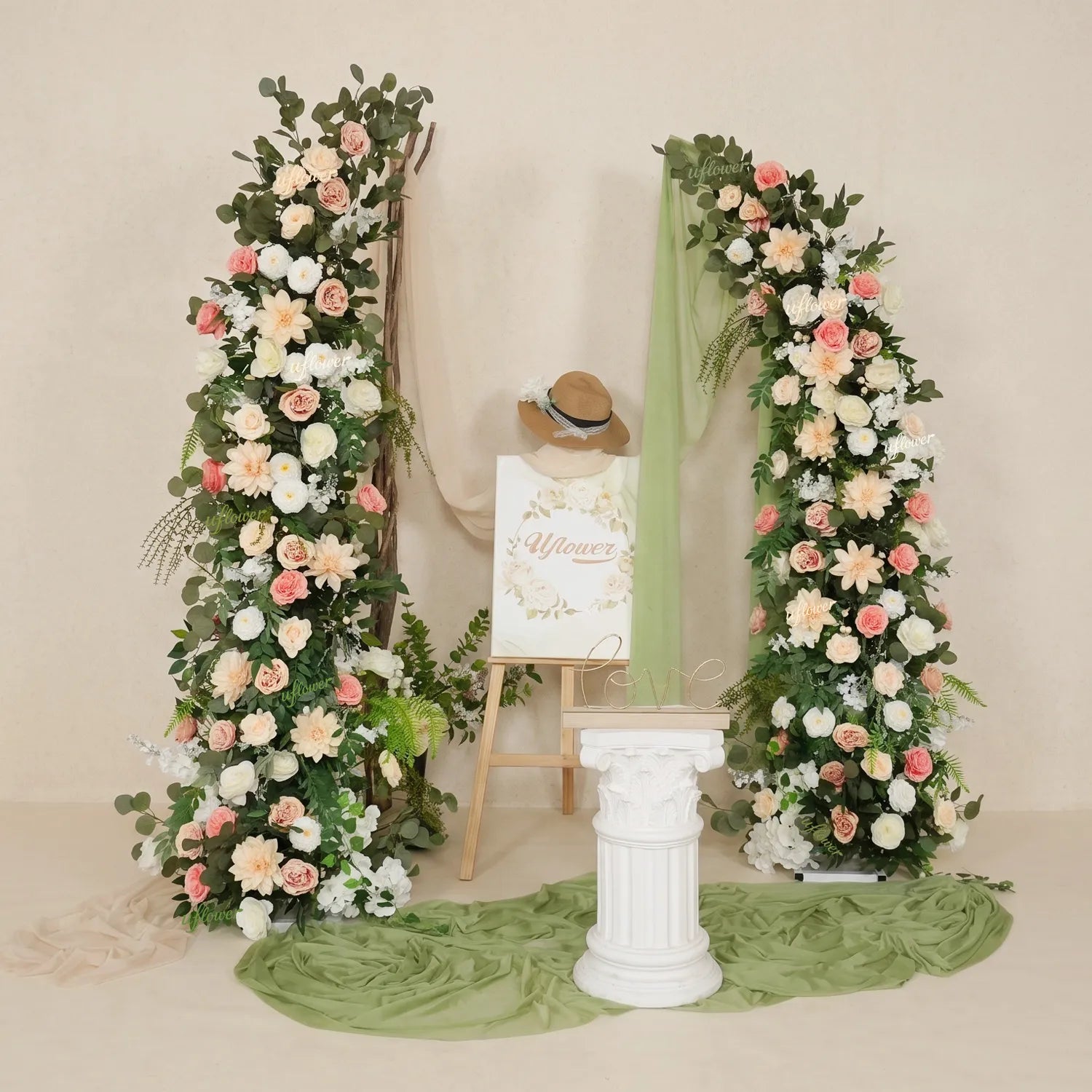 Uflower Pink White Greenery Horn Arch Wedding Backdrop Party Event Decor Props SET80252-01