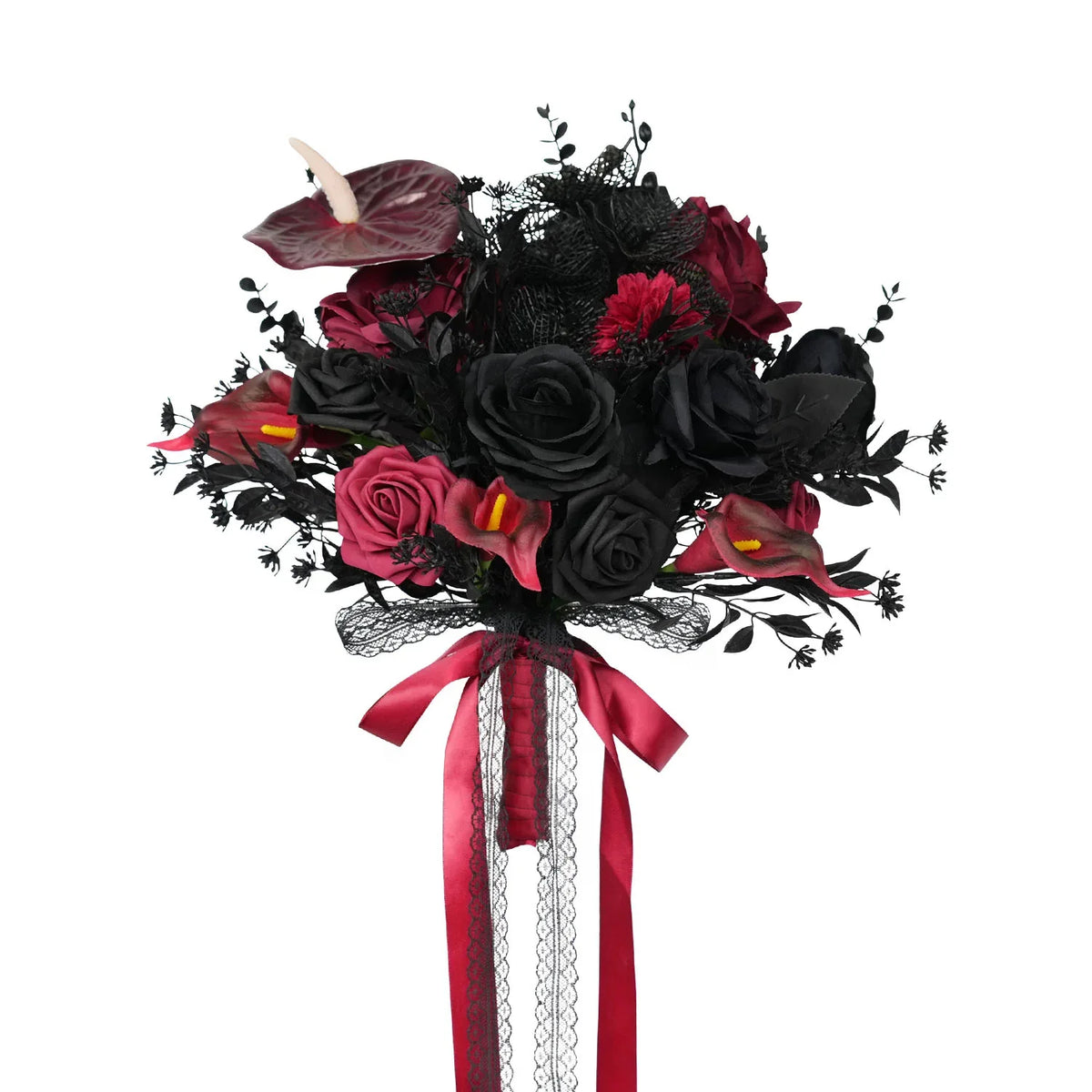 Uflower Black Burgundy Bride Bouquet Wrist Corsage Groom Boutonniere Set Wedding Event Supplies SET80080-11 - Uflower