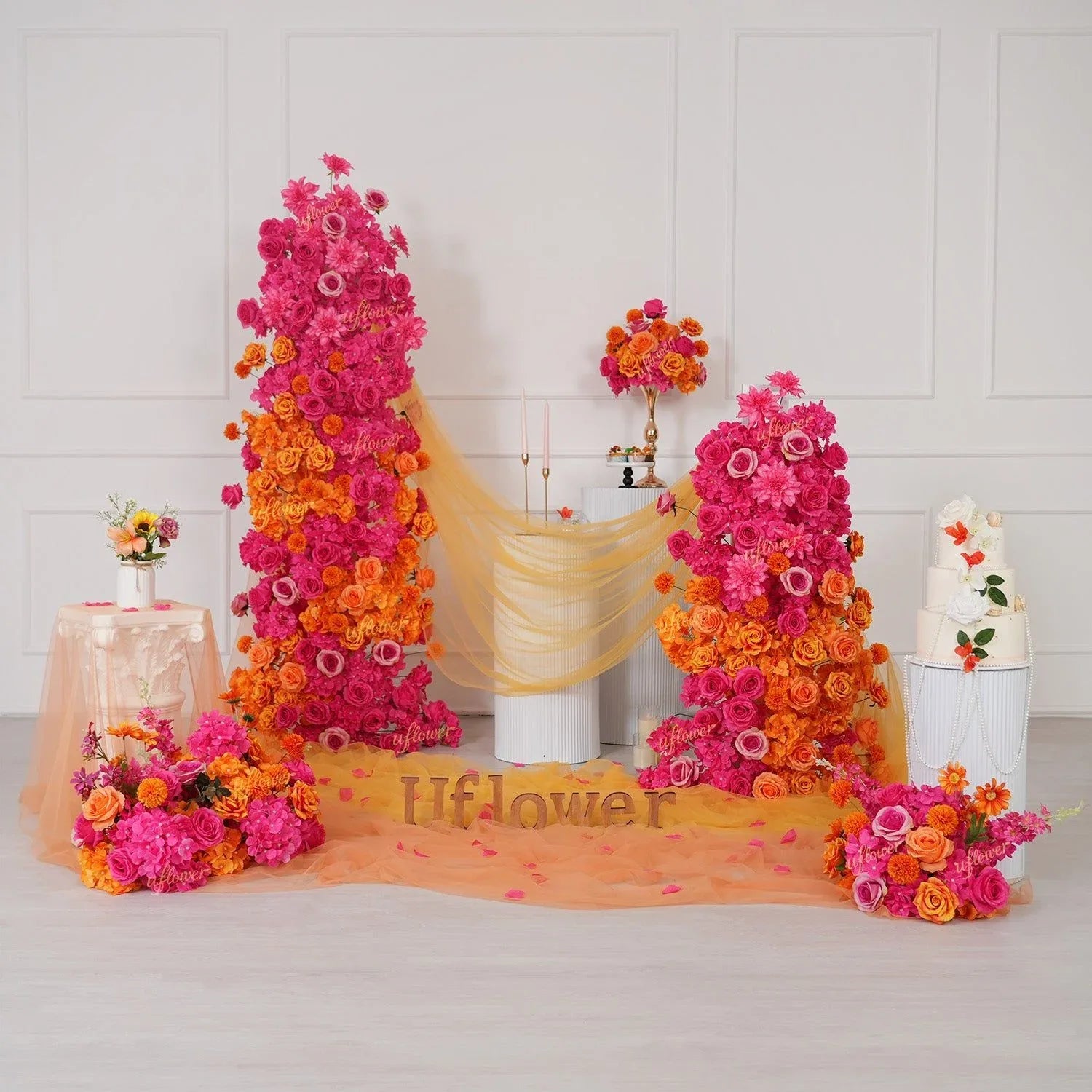 Uflower Rose Red Orange Flower Wedding Backdrop Arch Floral Arrangement SET80202 - Uflower
