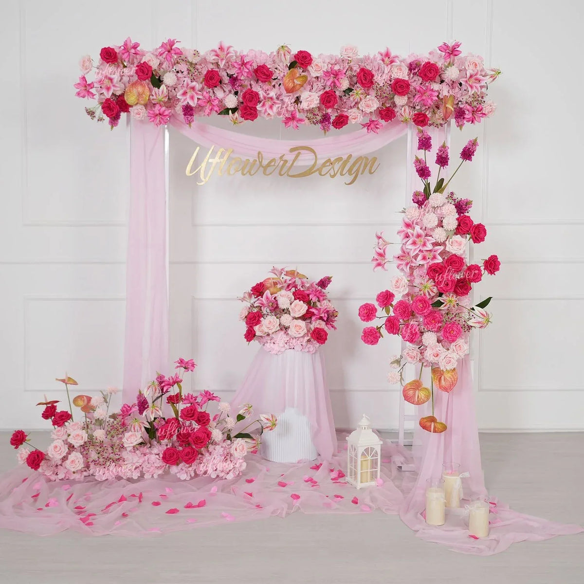 Uflower Rose Pink Floral Arrangement Wedding Backdrop Floral Props SET