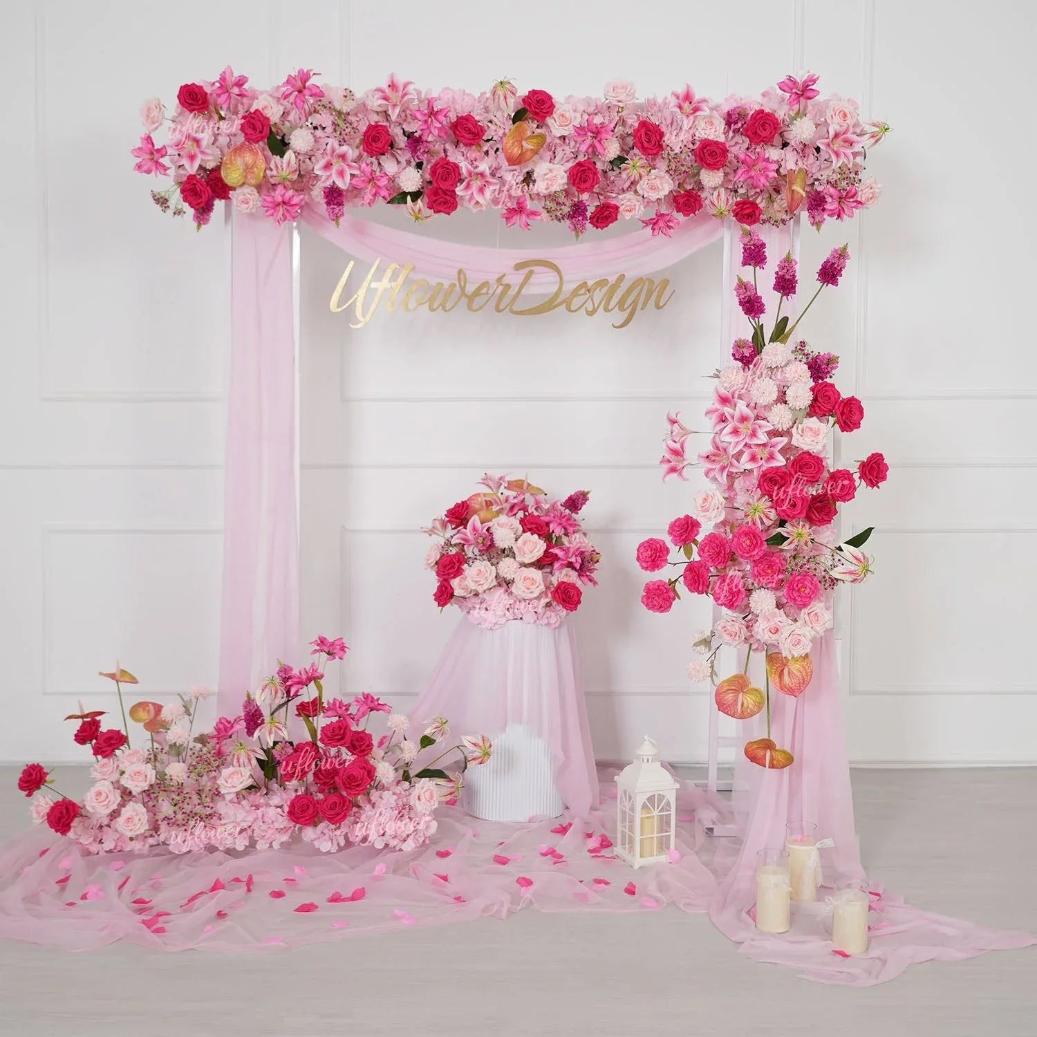 Uflower Rose Pink Floral Arrangement Wedding Backdrop Floral Props SET80193 - Uflower