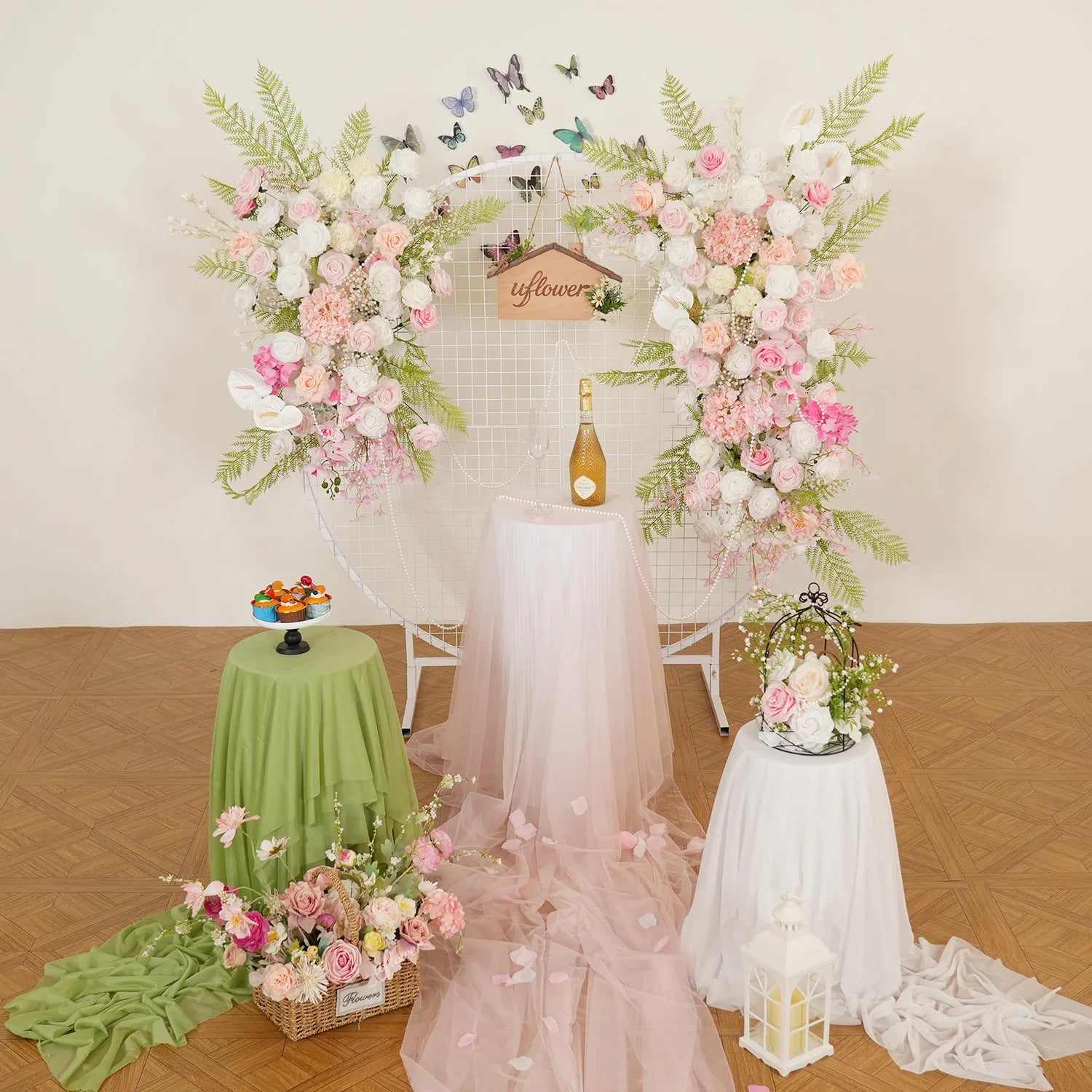 Uflower White Pink Floral Arrangement Wedding Party Arch Backdrop Decor SET80216