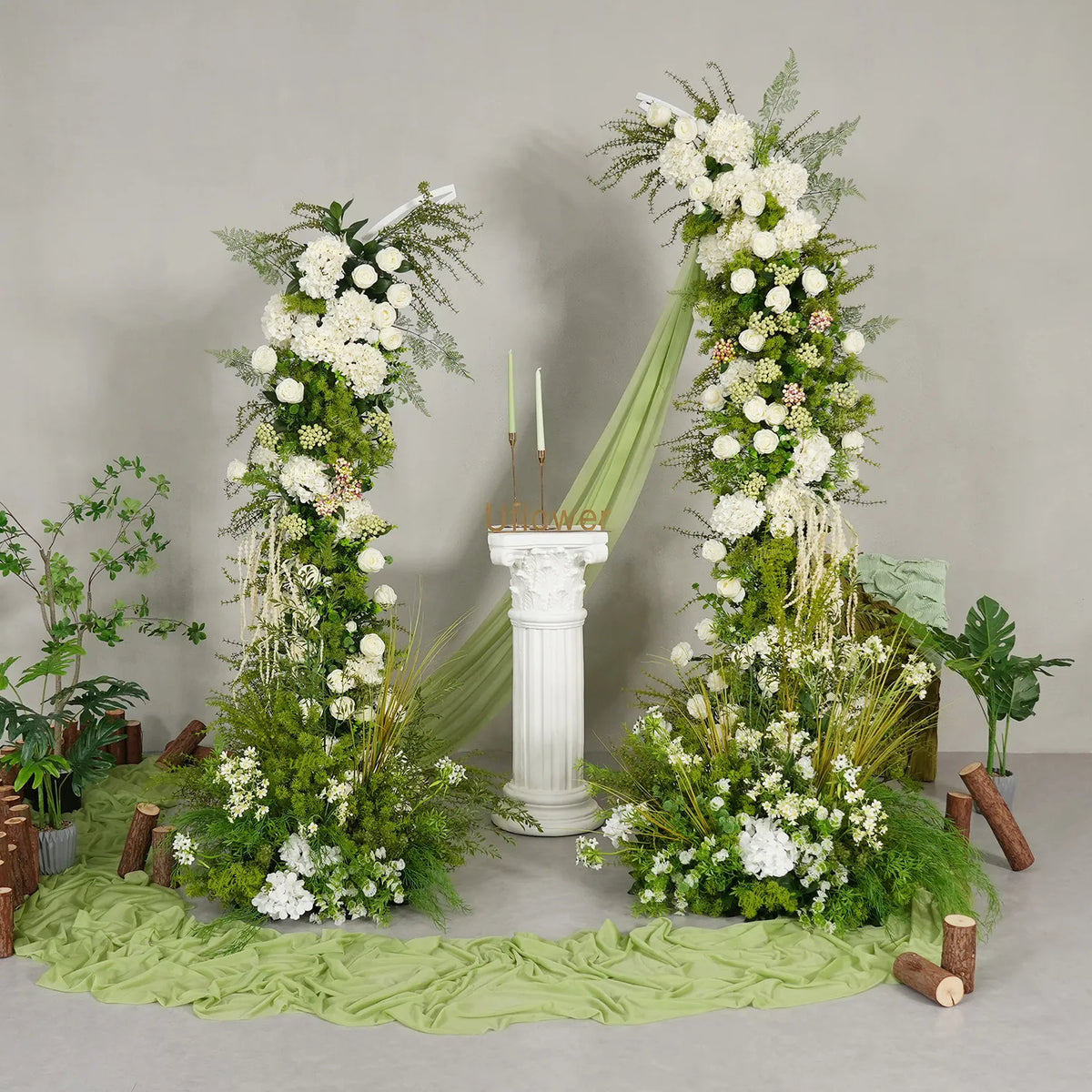 Décor de toile de fond pour fête de mariage en arche florale blanche Uflower, verdure, corne, ENSEMBLE80220