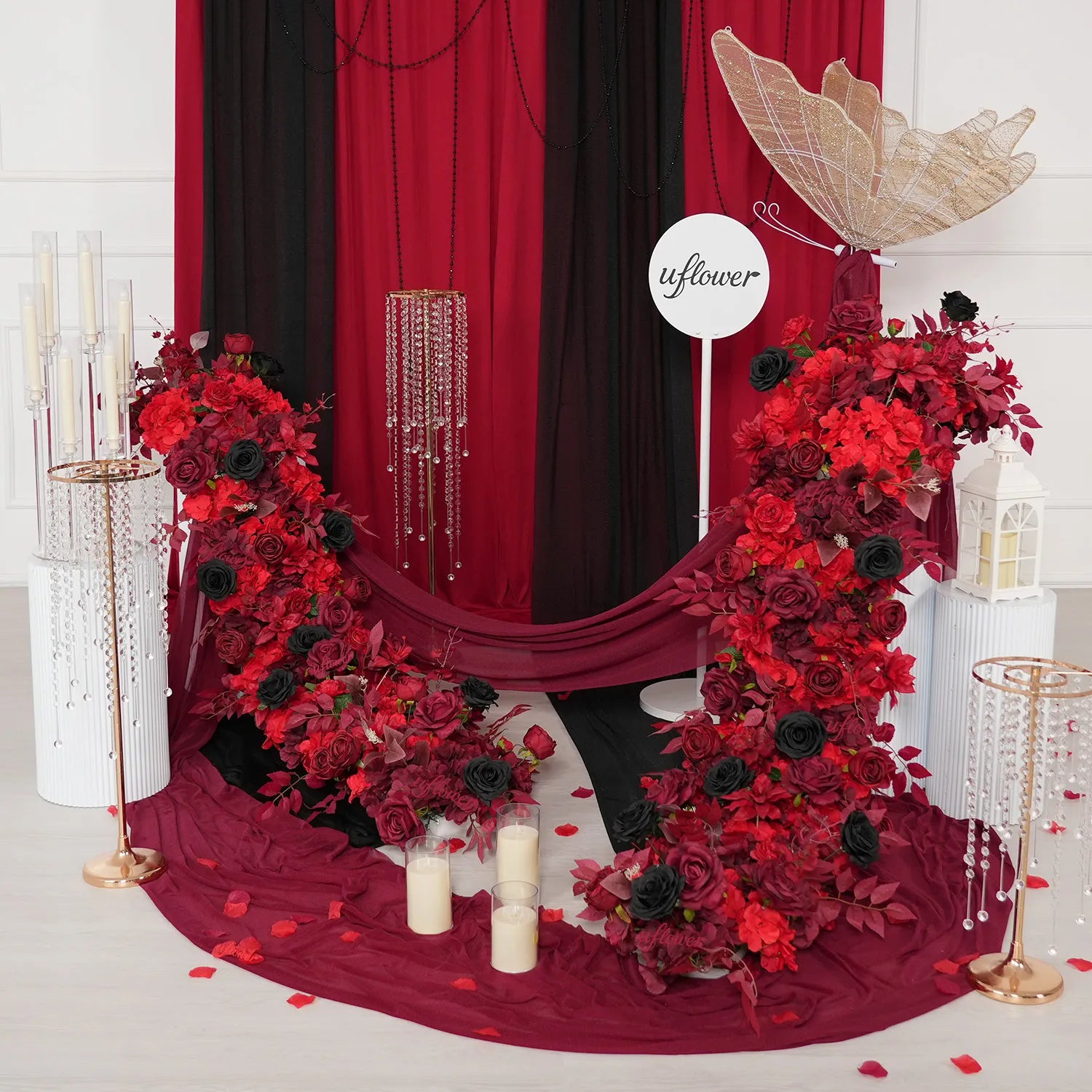 Uflower Red Roses Backdrop Wall Flower Row Wedding Decor MC80210-02