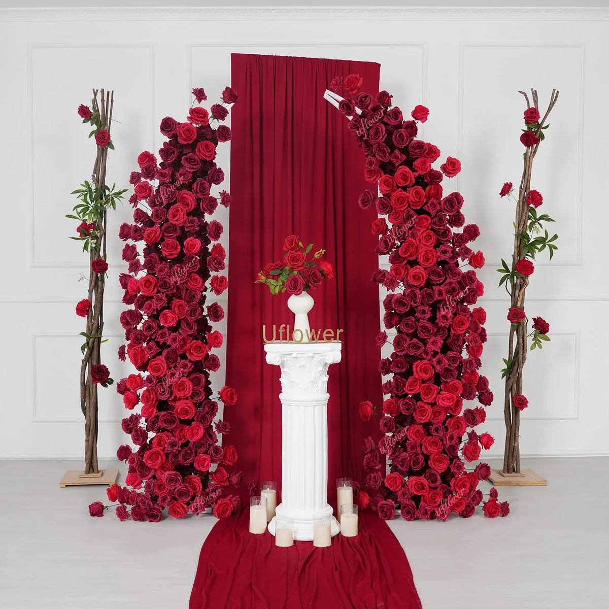 Uflower Red Rose Floral Horn Arch Wedding Party Backdrop Decor SET80204 - Uflower