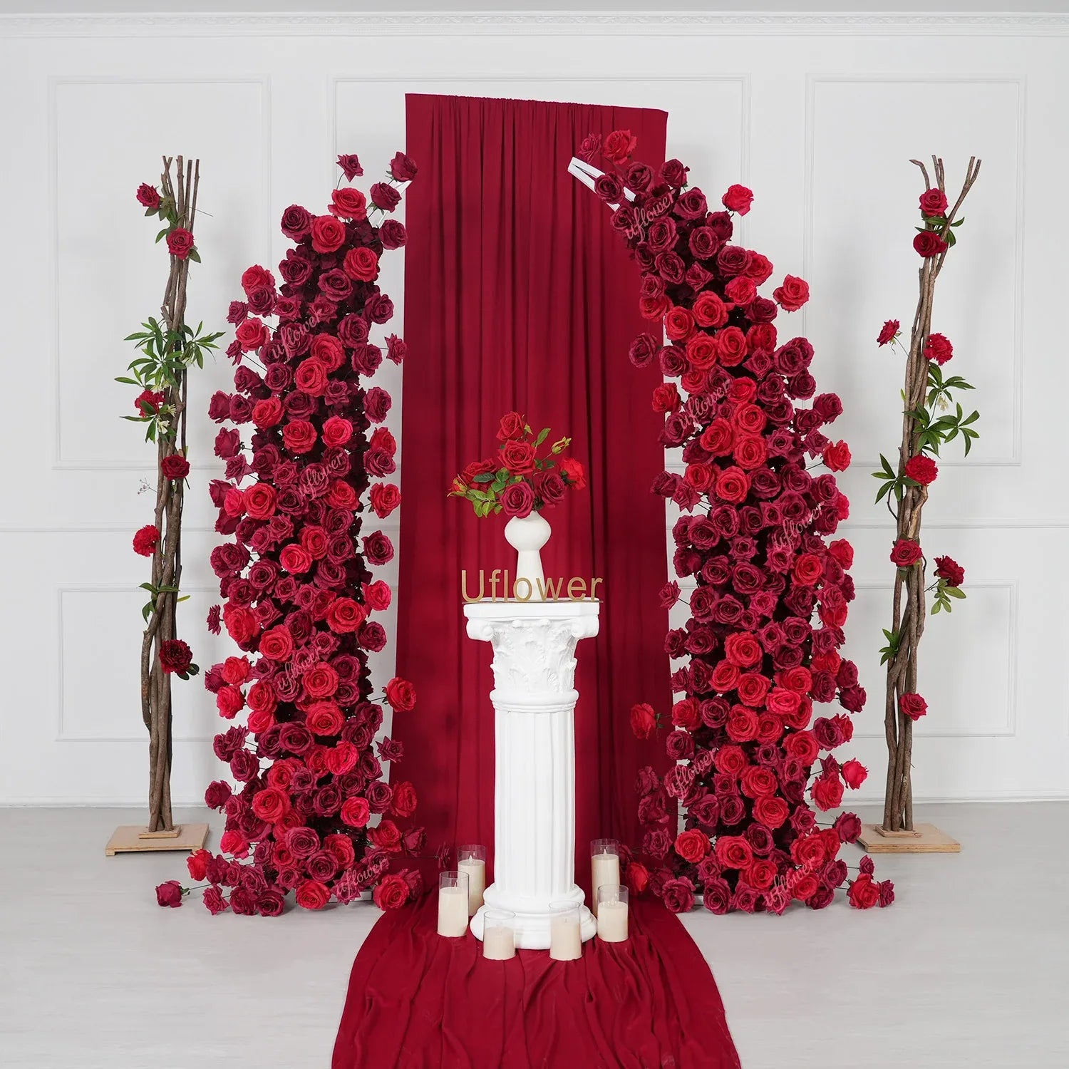 Uflower Red Rose Floral Horn Arch Wedding Party Backdrop Decor SET80204 - Uflower
