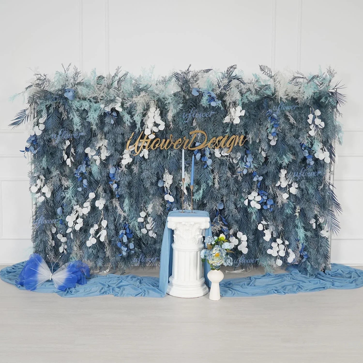 Uflower Flower Wall Mist-Blue Leaves Floral Backdrop Wedding Party Proposal Decor SET80182 - Uflower