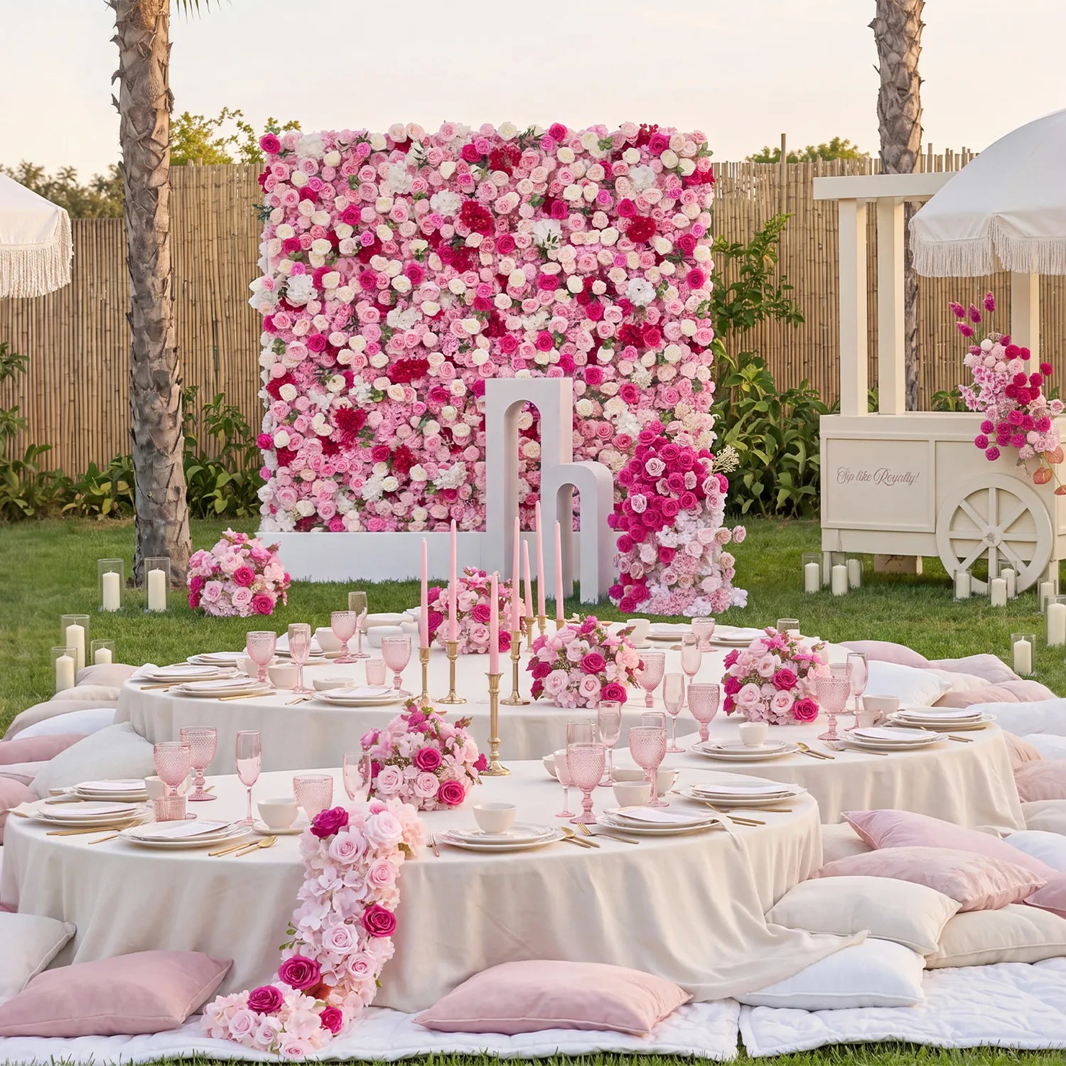 Pink & White Outdoor Wedding Decor | One-Stop Flower Wall, Flower Rows & Table Decor