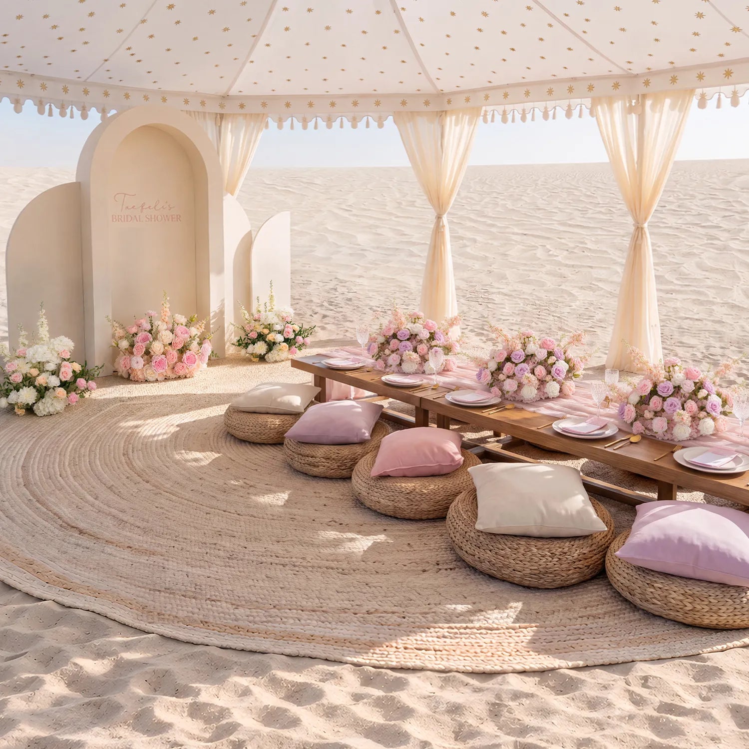 Romantic Pink Beach Wedding Decor | Ground Flowers & Table Flowers