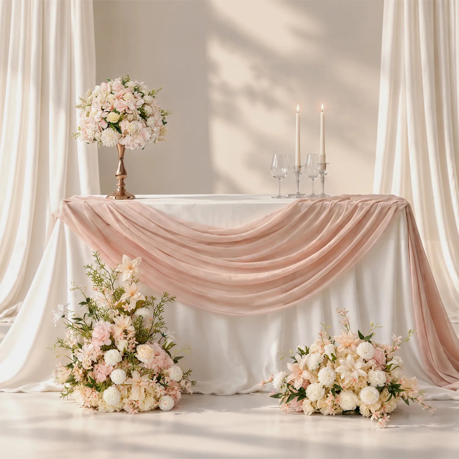 Soft Champagne & Pink Sweetheart Table Decor | One-Stop Floral Styling with Centerpiece & Ground Flowers