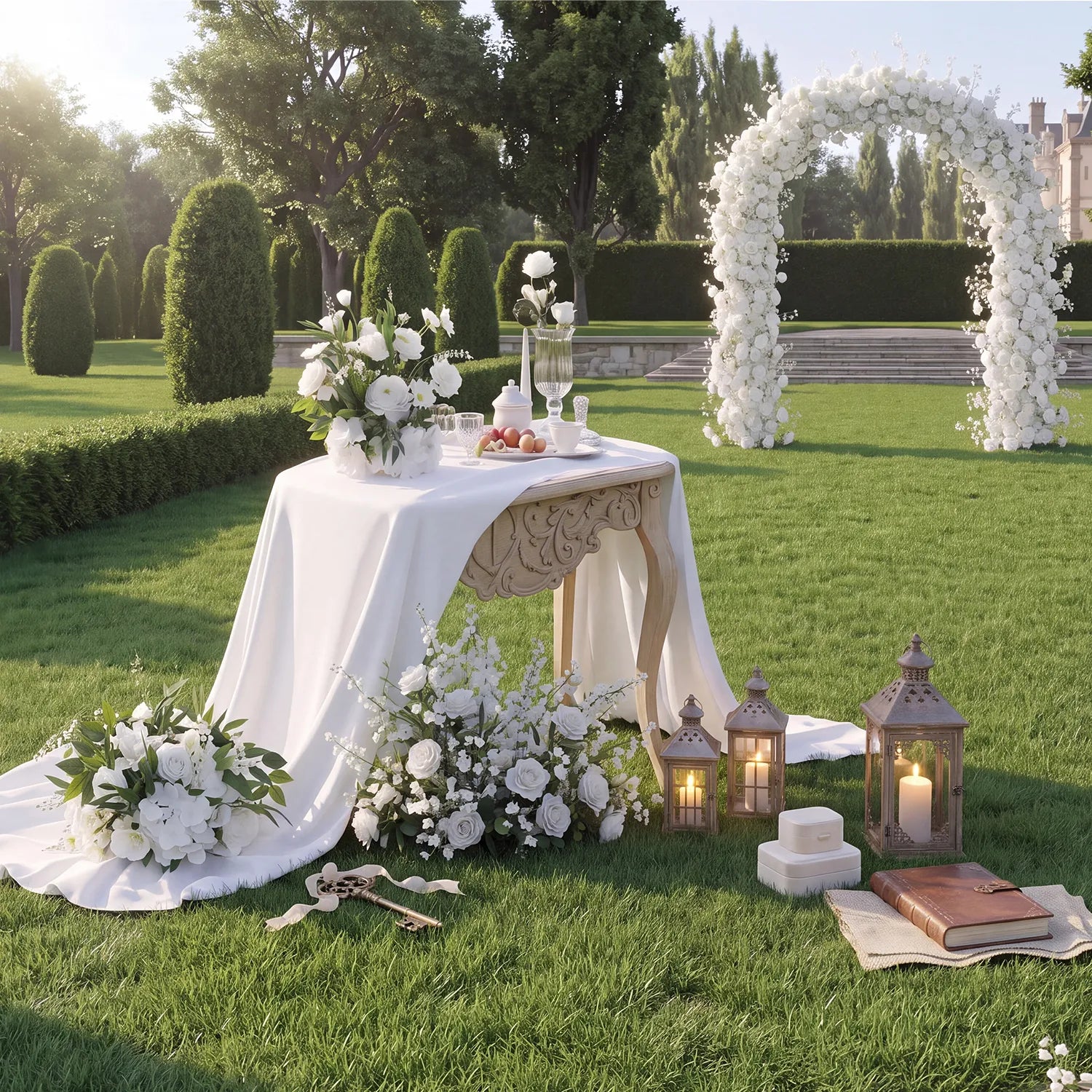 White & Green Curated Garden Wedding Decor | Arch, Ground Flowers & Table Flowers