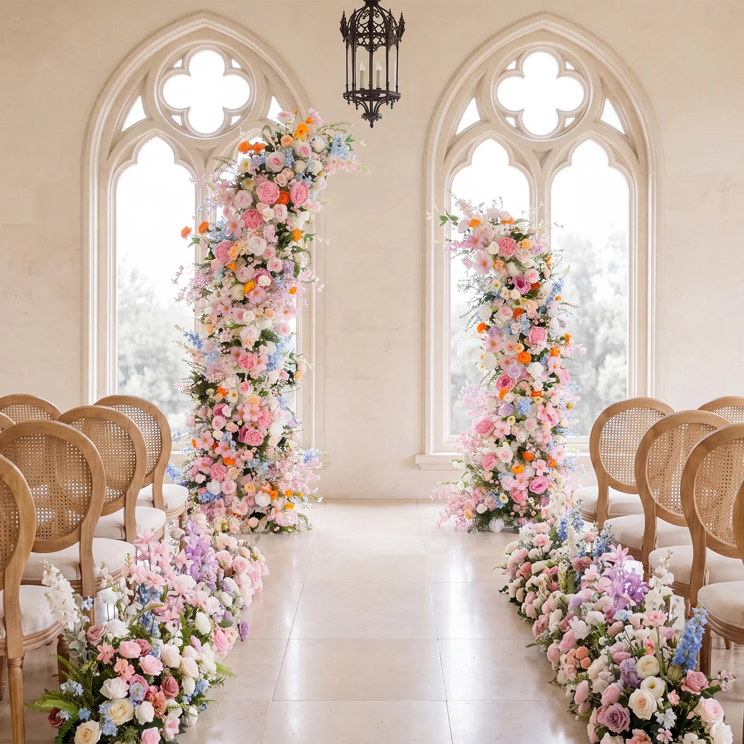 Colorful Church Wedding Decor | One-Stop Arch & Aisle Flower Styling