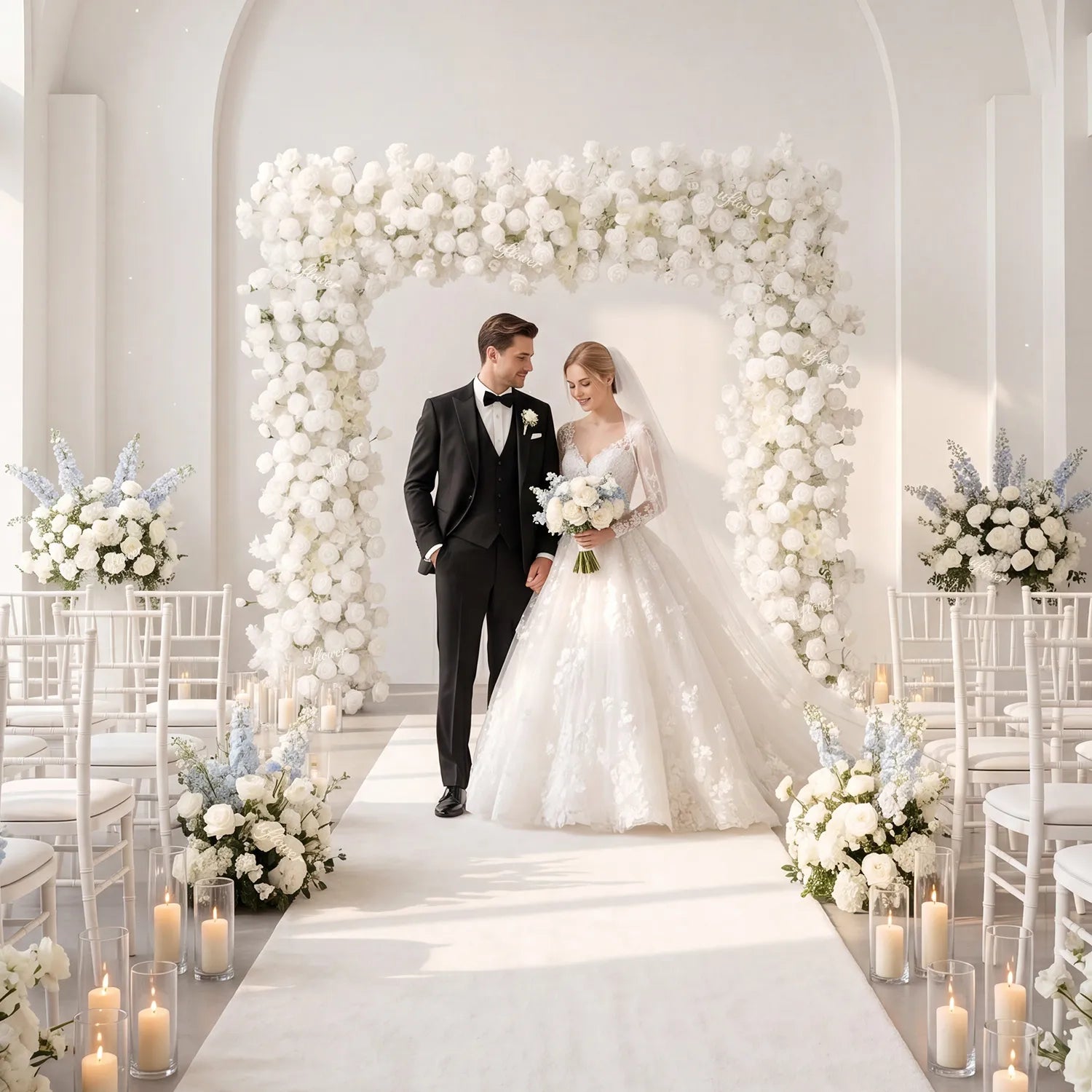 Uflower White Rose Flower Row Wedding Background Square Arch SET80256-01
