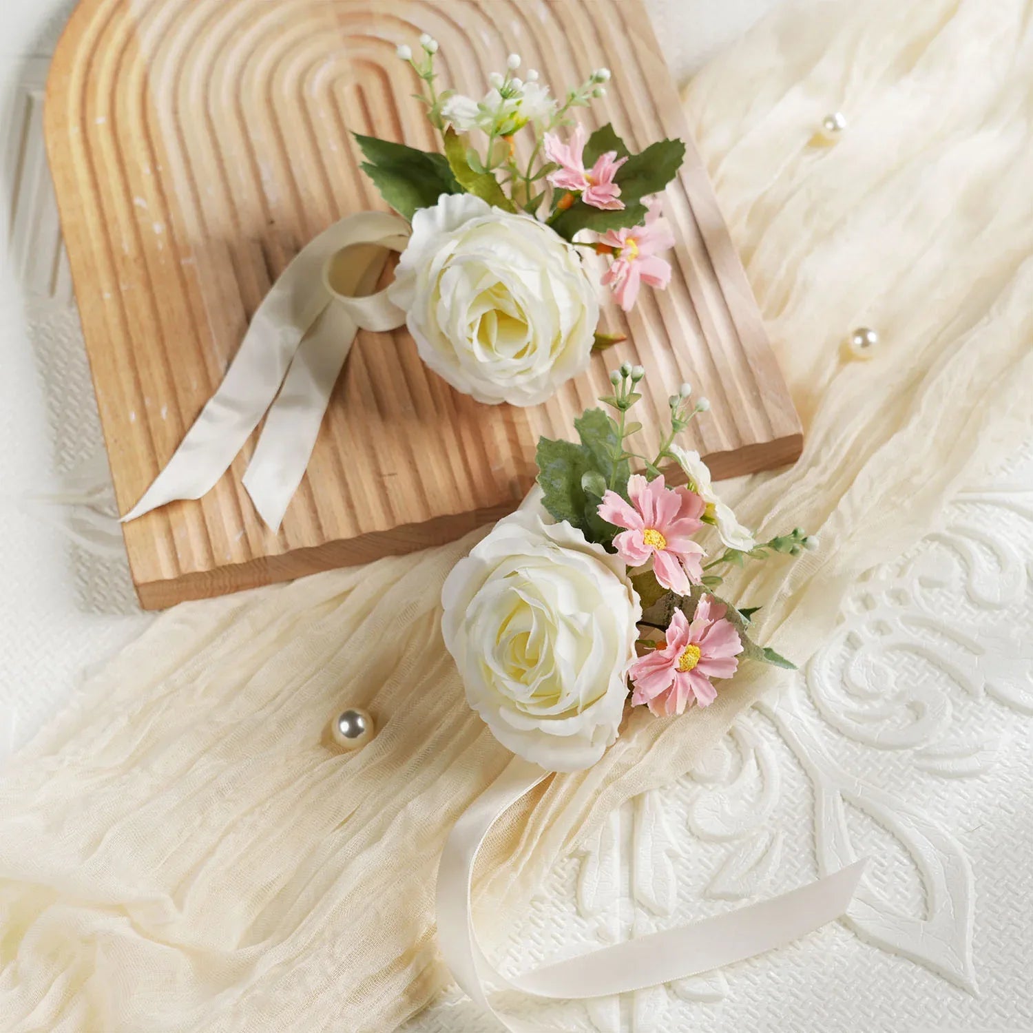 Uflower Pink White Series Bride Bouquet Wrist Corsage Groom Boutonniere Wedding Event Supplies SET80080-01 - Uflower
