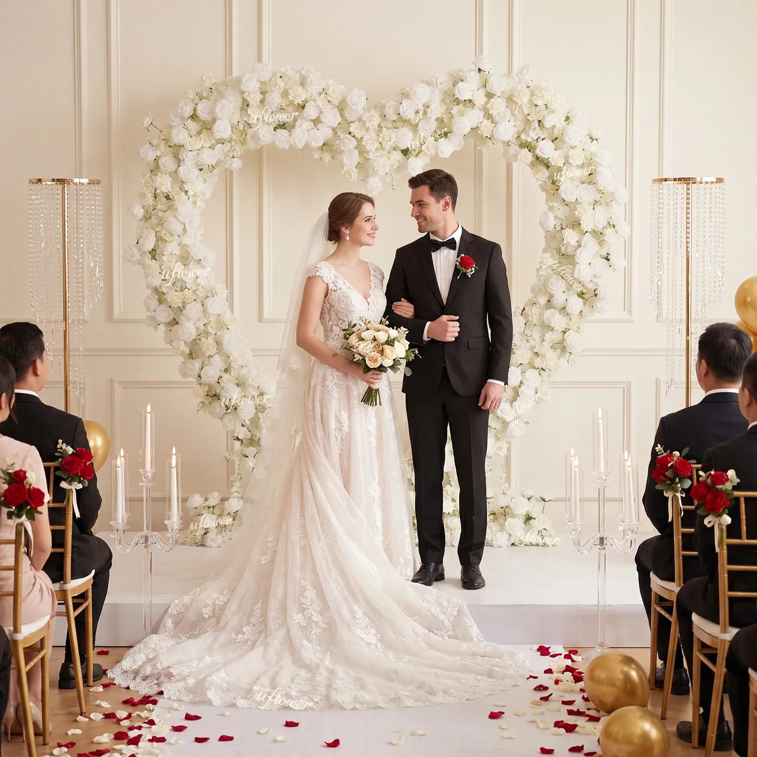 Uflower Artificial White Rose Heart Arch Wedding Decor SET80247-02