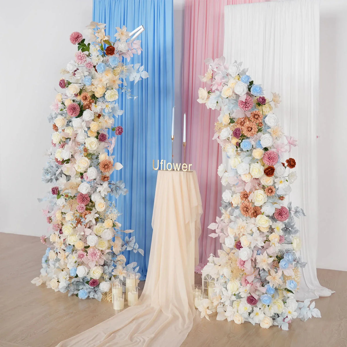 Uflower Pink Blue Champagne Horn Arch Decor Wedding Backdrop Floral Ball Arrangement SET80119 - Uflower