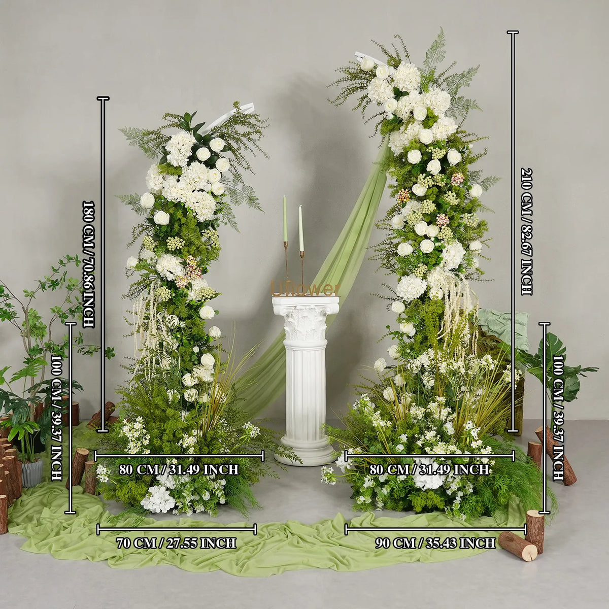 Décor de toile de fond pour fête de mariage en arche florale blanche Uflower, verdure, corne, ENSEMBLE80220