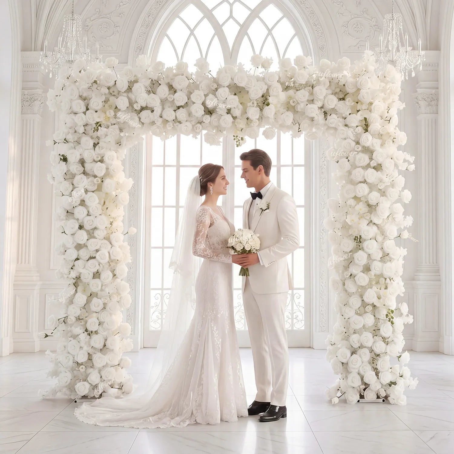 Uflower White Rose Flower Row Wedding Background Square Arch SET80256-01