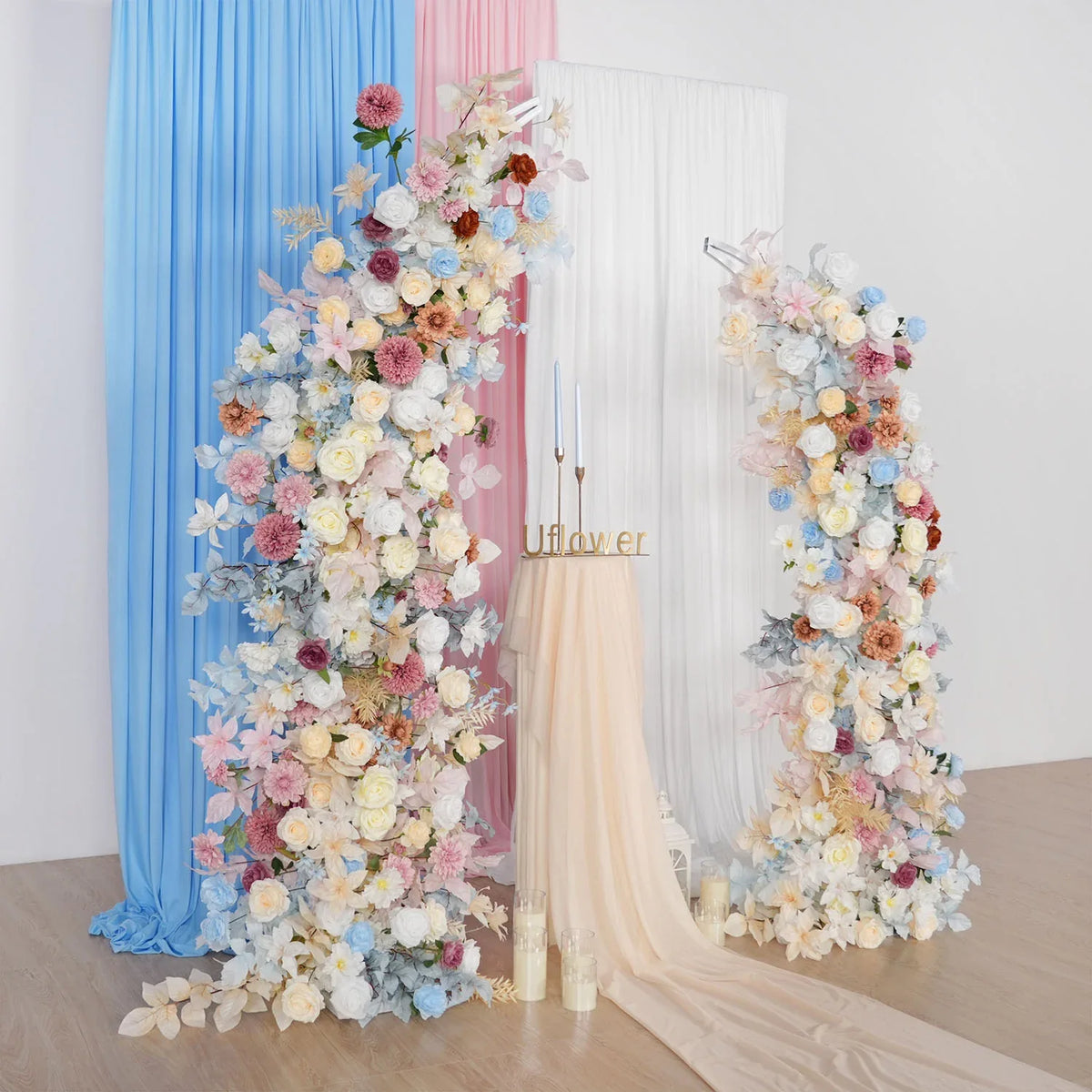 Uflower Pink Blue Champagne Horn Arch Decor Wedding Backdrop Floral Ball Arrangement SET80119 - Uflower