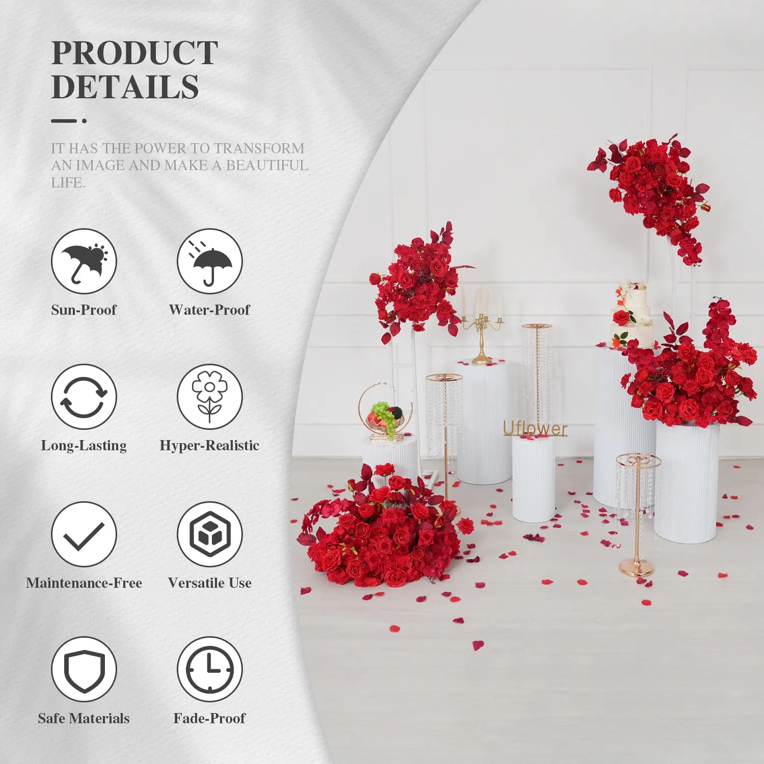 Uflower Artificial Red Rose Wedding KT Backdrop Flower Row Decor SET80203