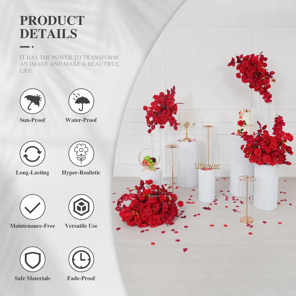 Uflower Rose Rouge Artificielle Mariage KT Toile de Fond Décoration Rangée de Fleurs SET80203