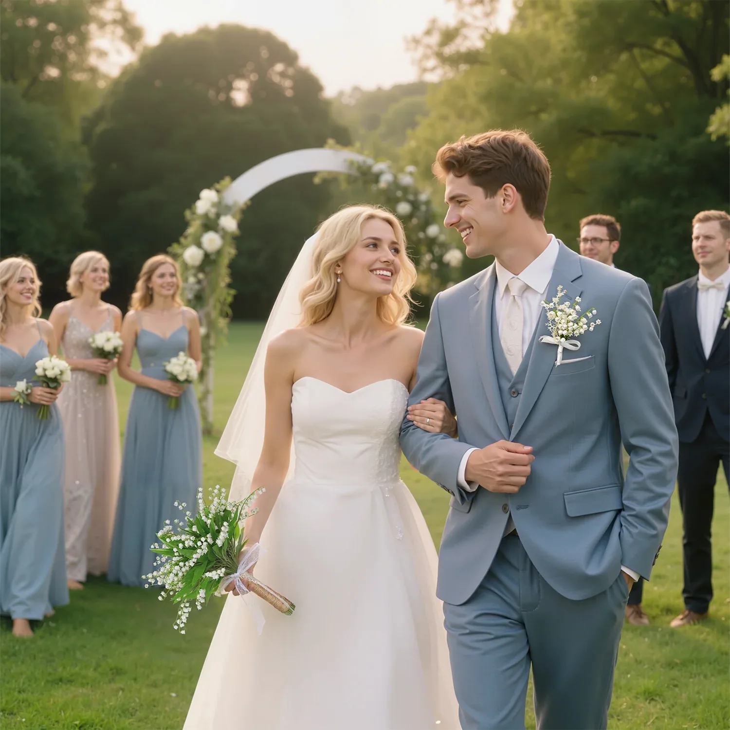 Uflower White Series With Greenery Bride Bouquet Wrist Corsage Groom Boutonniere Wedding Event Supplies SET80080-12 - Uflower