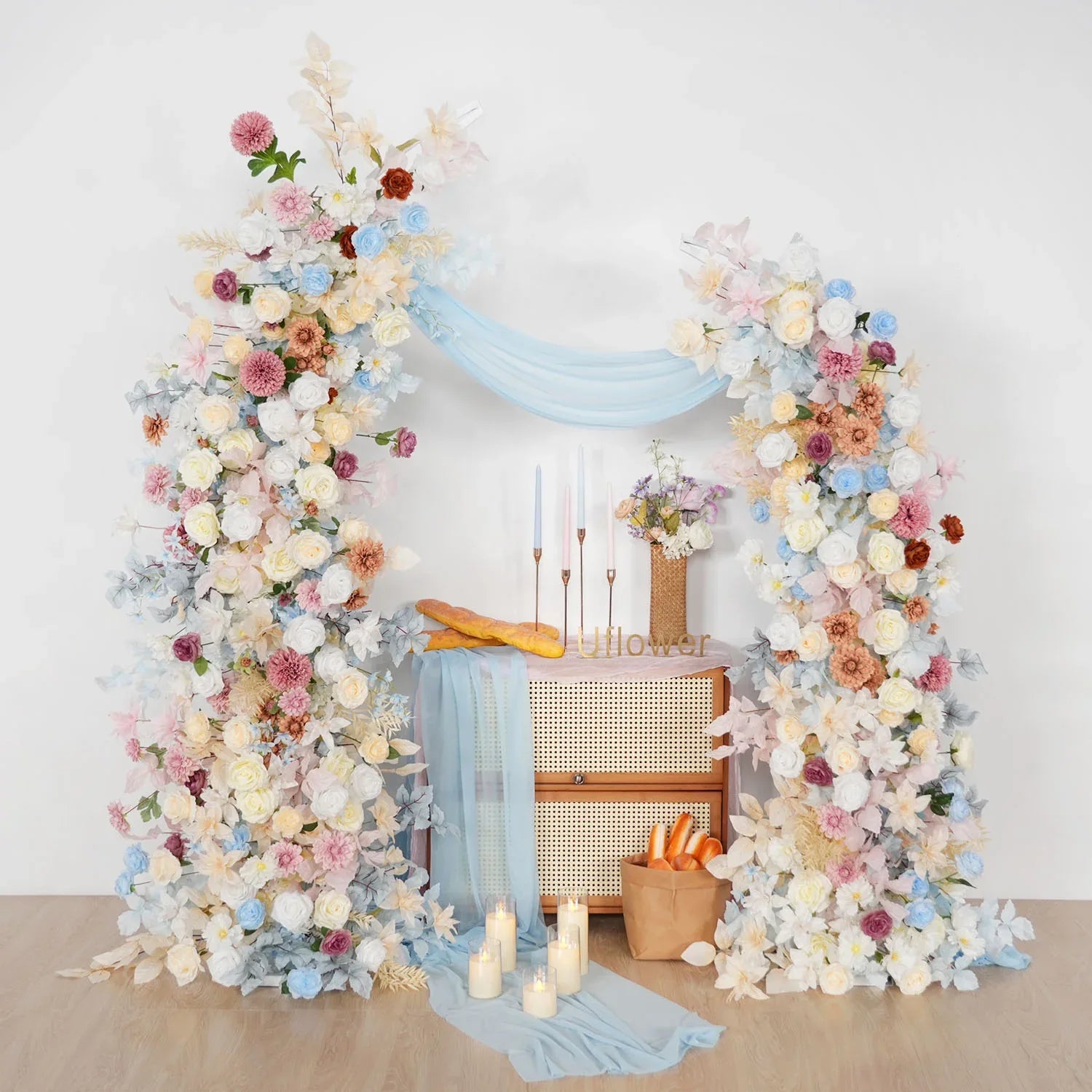 Uflower Pink Blue Champagne Horn Arch Decor Wedding Backdrop Floral Ball Arrangement SET80119 - Uflower
